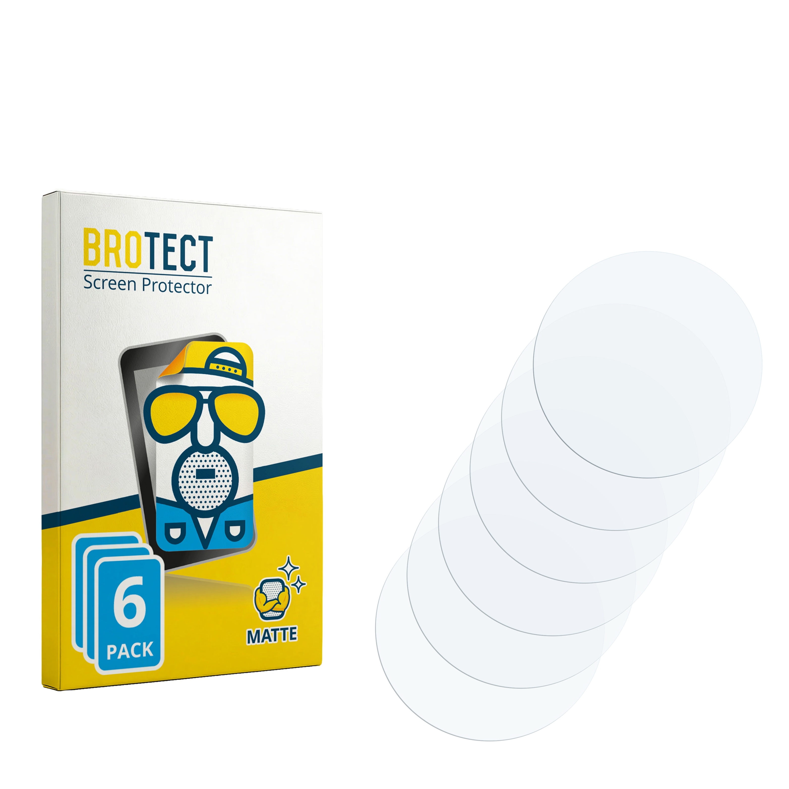 Eine Packung mit 6 matten Displayschutzfolien von BROTECT, daneben liegen 5 runde Folien.