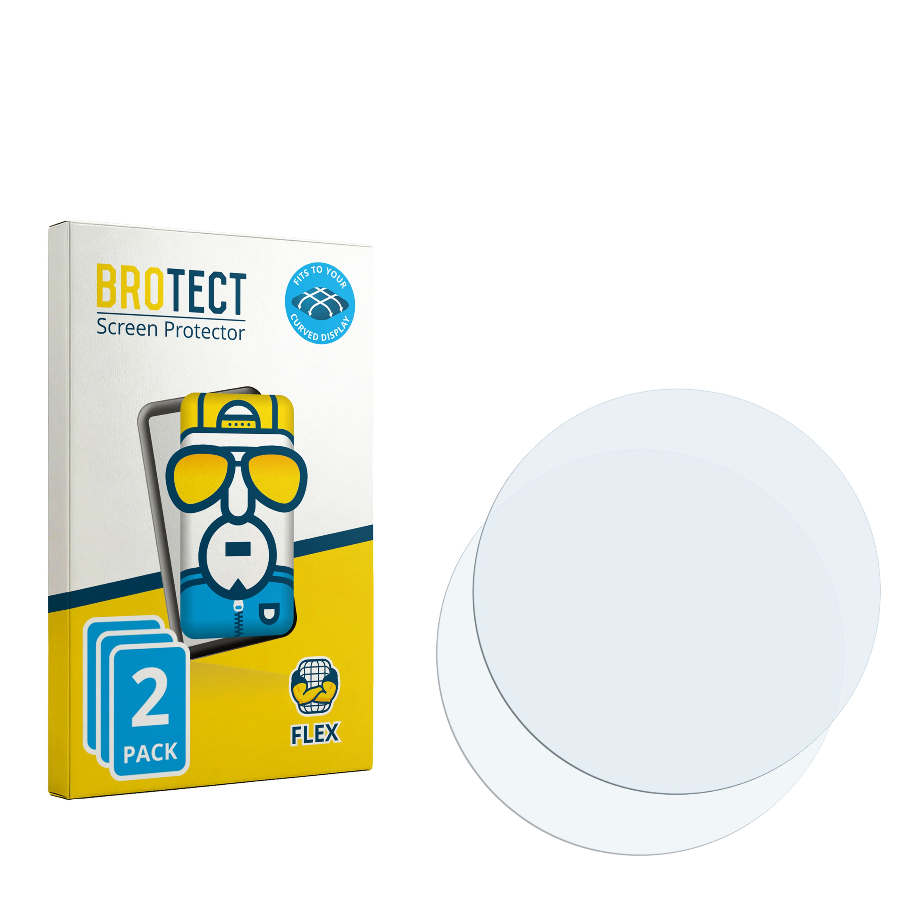 Verpackung mit "BROTECT" Bildschirm-Schutzfolie und zwei runden Folien.