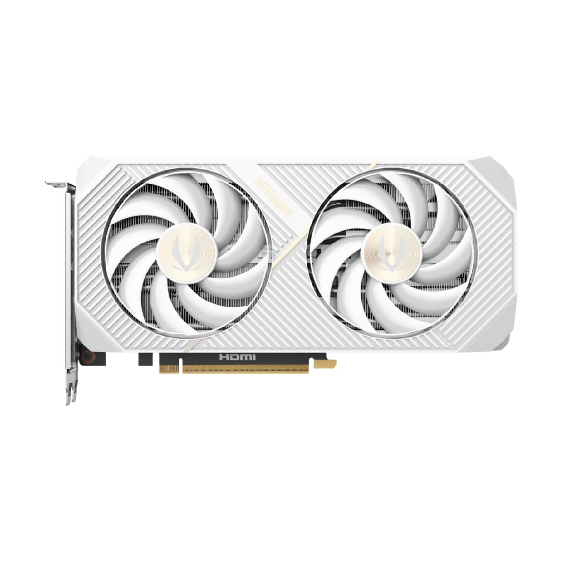 Scheda grafica bianca con due ventole e porta HDMI, isolata su sfondo bianco.