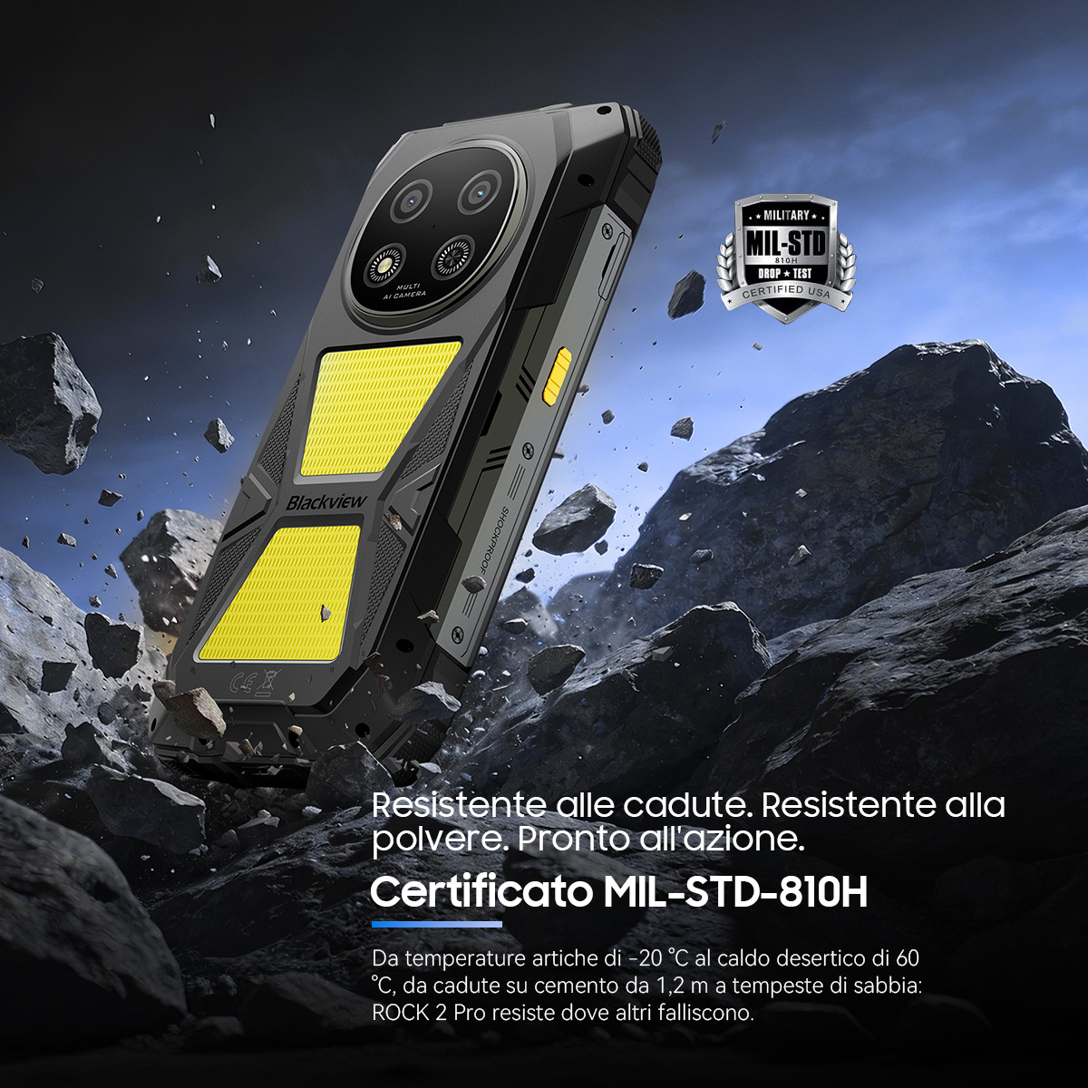 Telefono robusto con accenti gialli, circondato da rocce. Certificato militare.