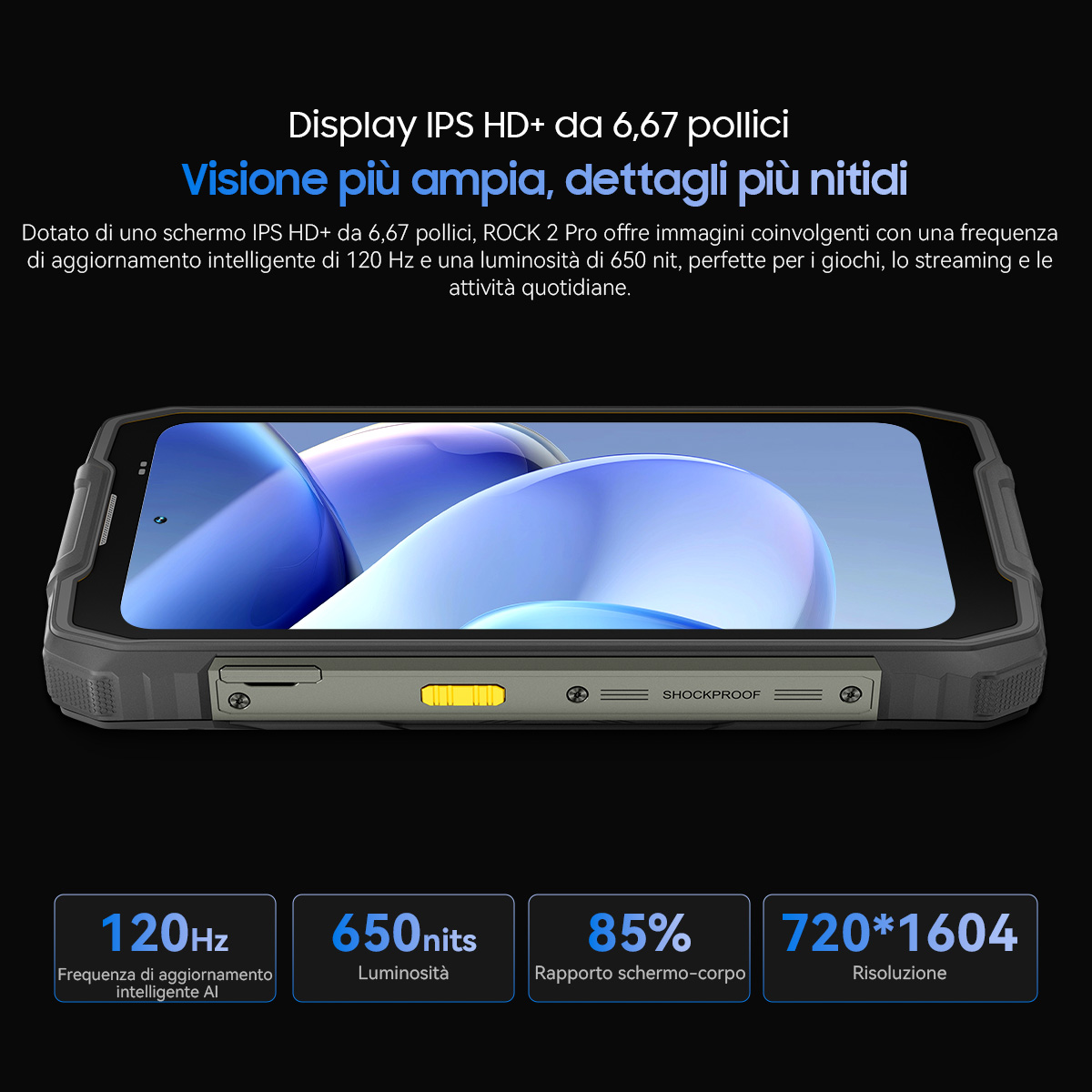 Uno smartphone robusto con ampio display, 120Hz, 650 nits, rapporto schermo-corpo 85%.