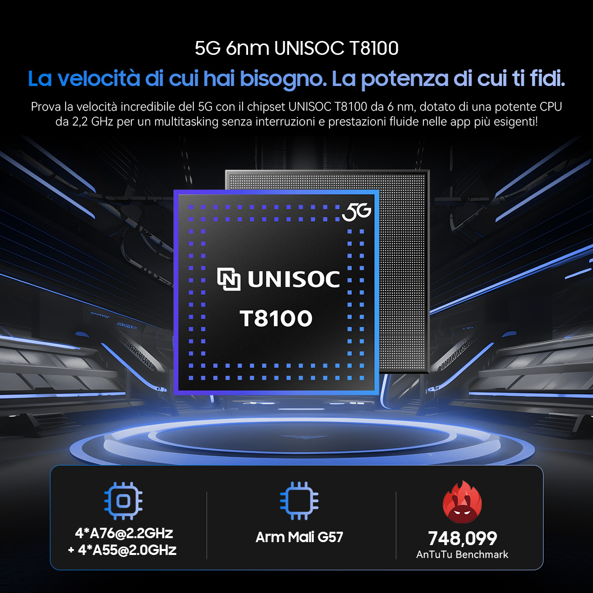 Chip 5G UNISOC T8100 con CPU, GPU e AnTuTu Benchmark.