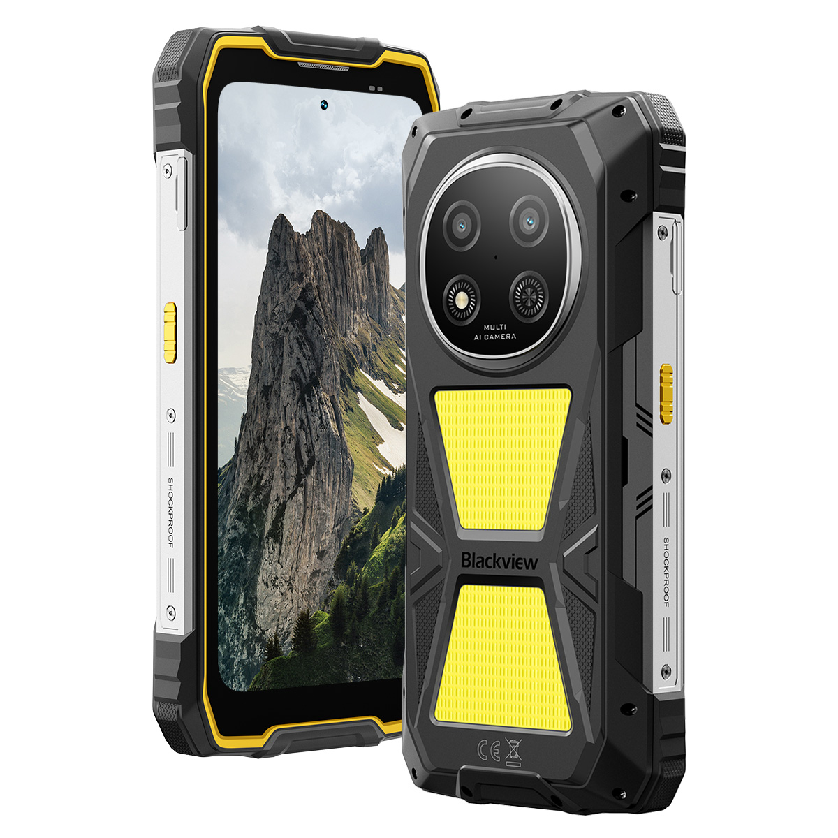Uno smartphone robusto nero e giallo con un sistema multi-camera.