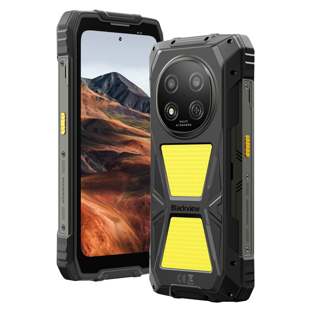 Smartphone robusto con accenti gialli e paesaggio montano sullo schermo.