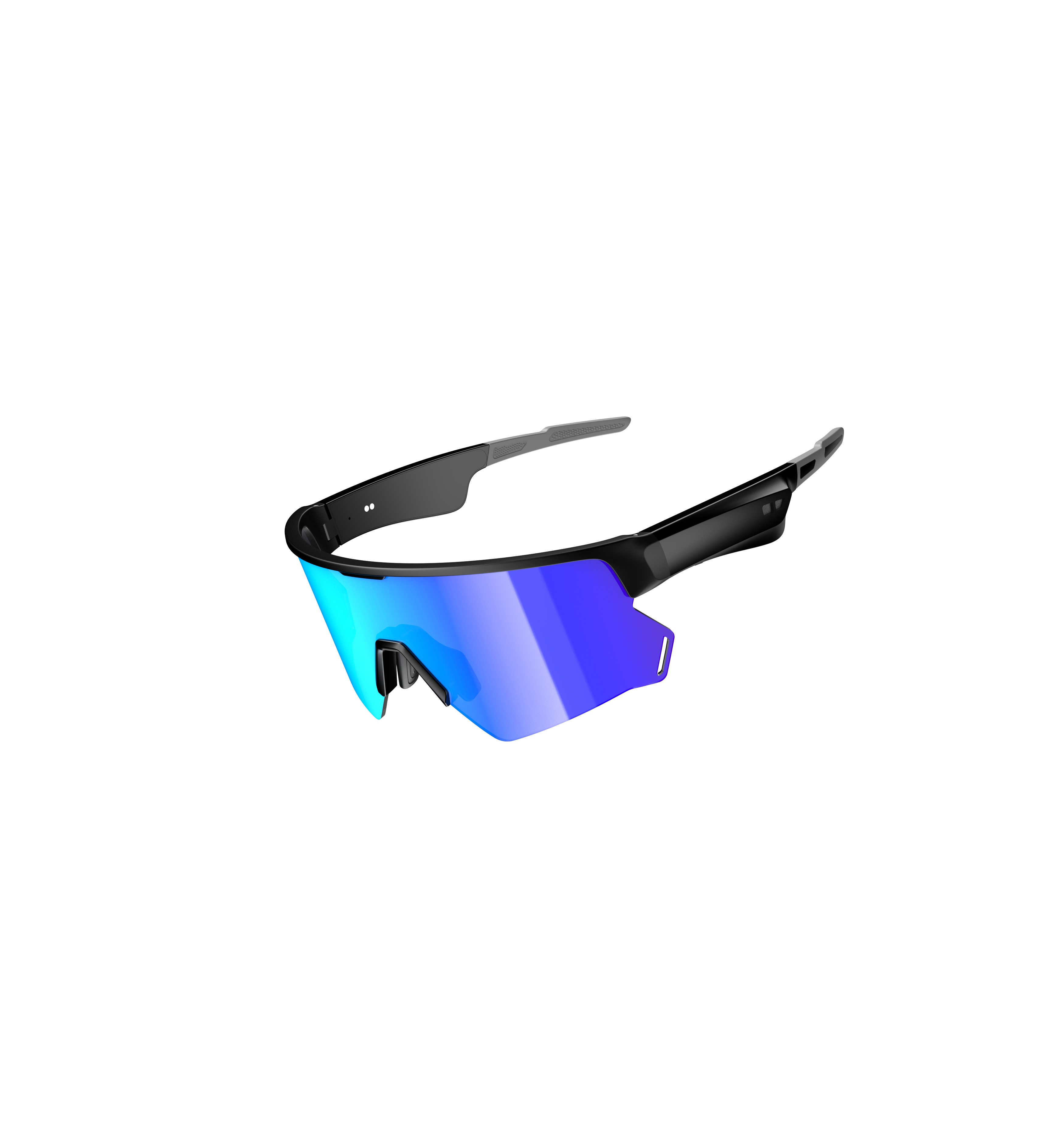 Occhiali da sole sportivi neri con lenti a specchio blu e aste.