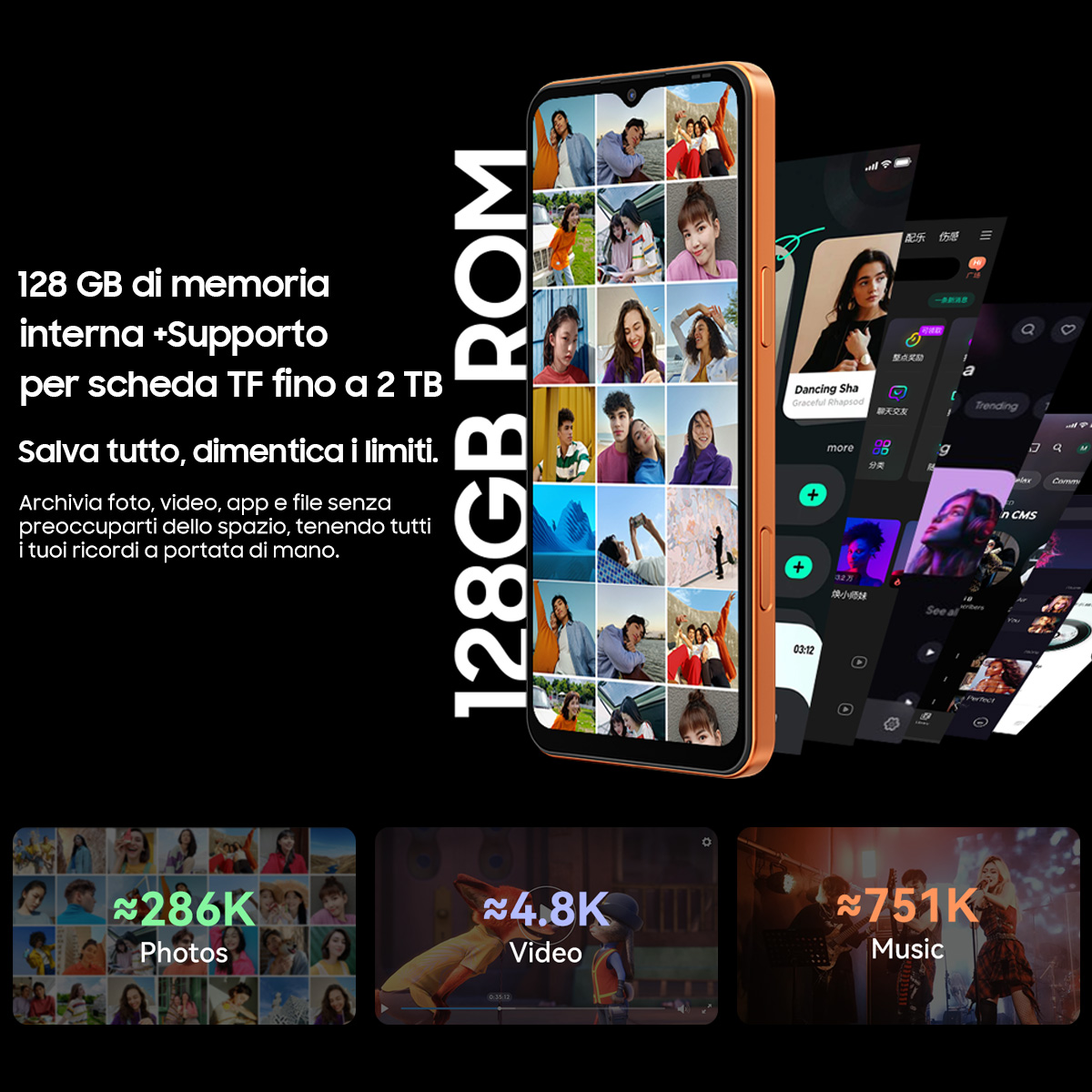 Smartphone arancione mostra foto, video, musica e testo su 128 GB di memoria.