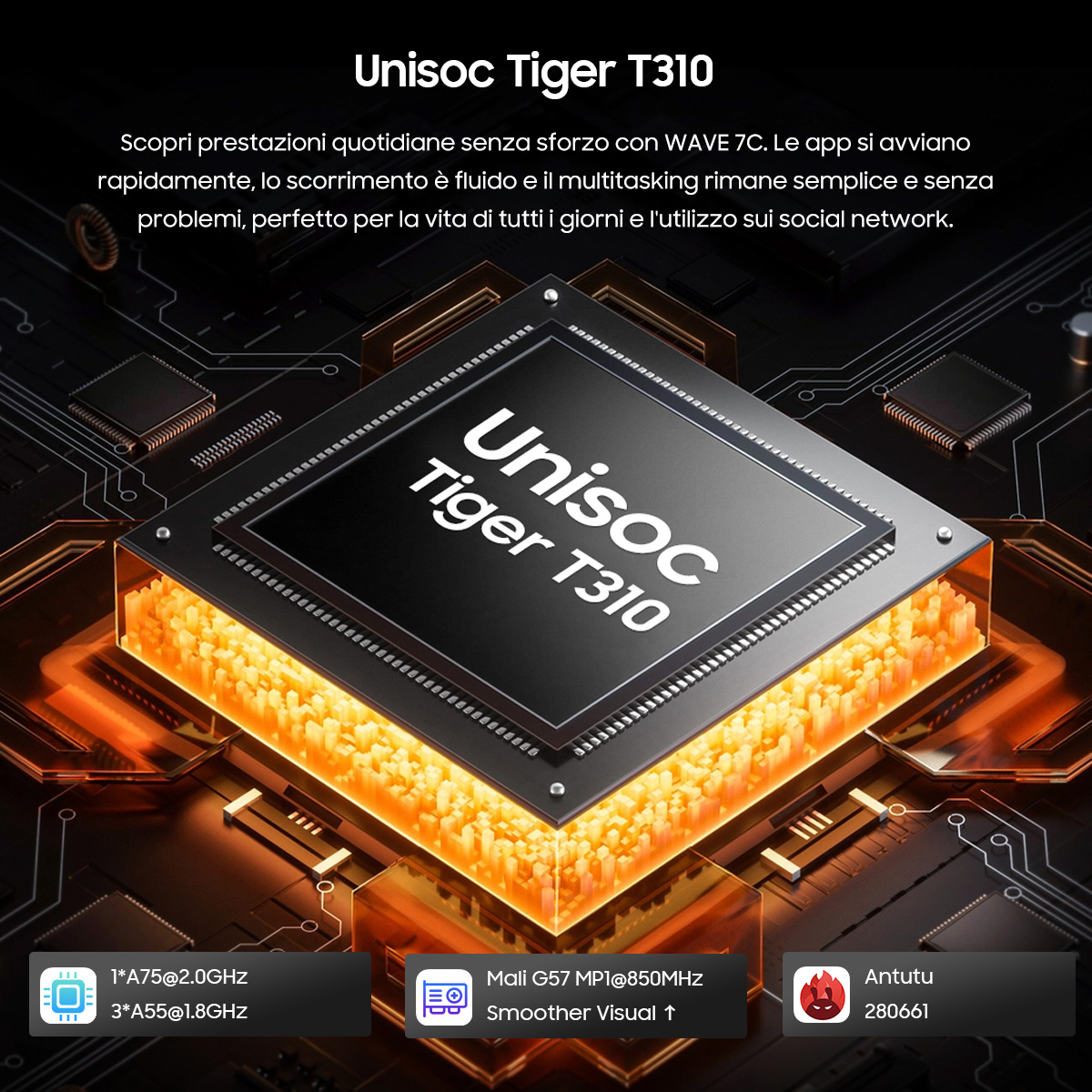 Un processore Unisoc Tiger T310 con nuclei arancioni luminosi su un circuito stampato.