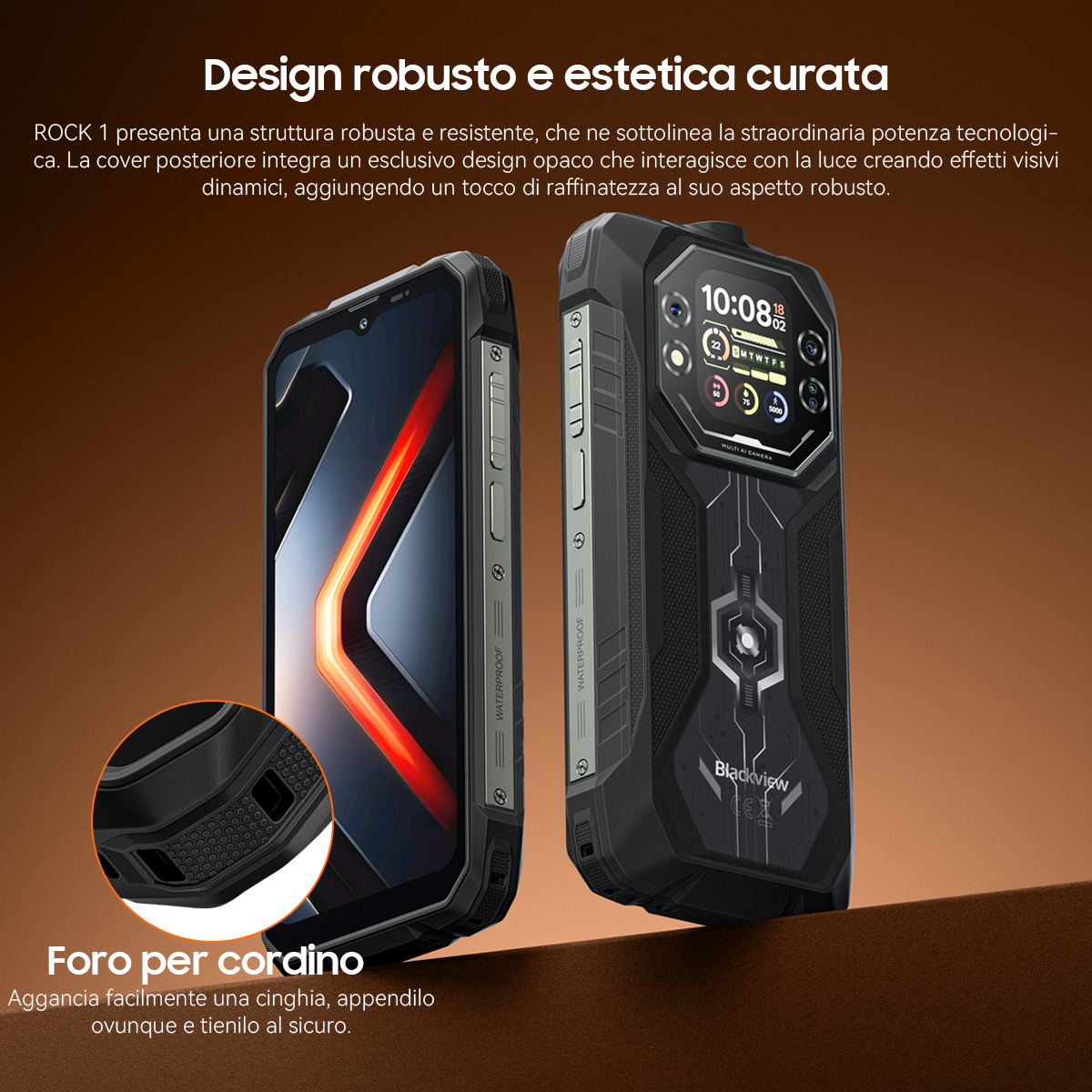Due smartphone rugged, uno con schermo, l'altro con fotocamere e logo.