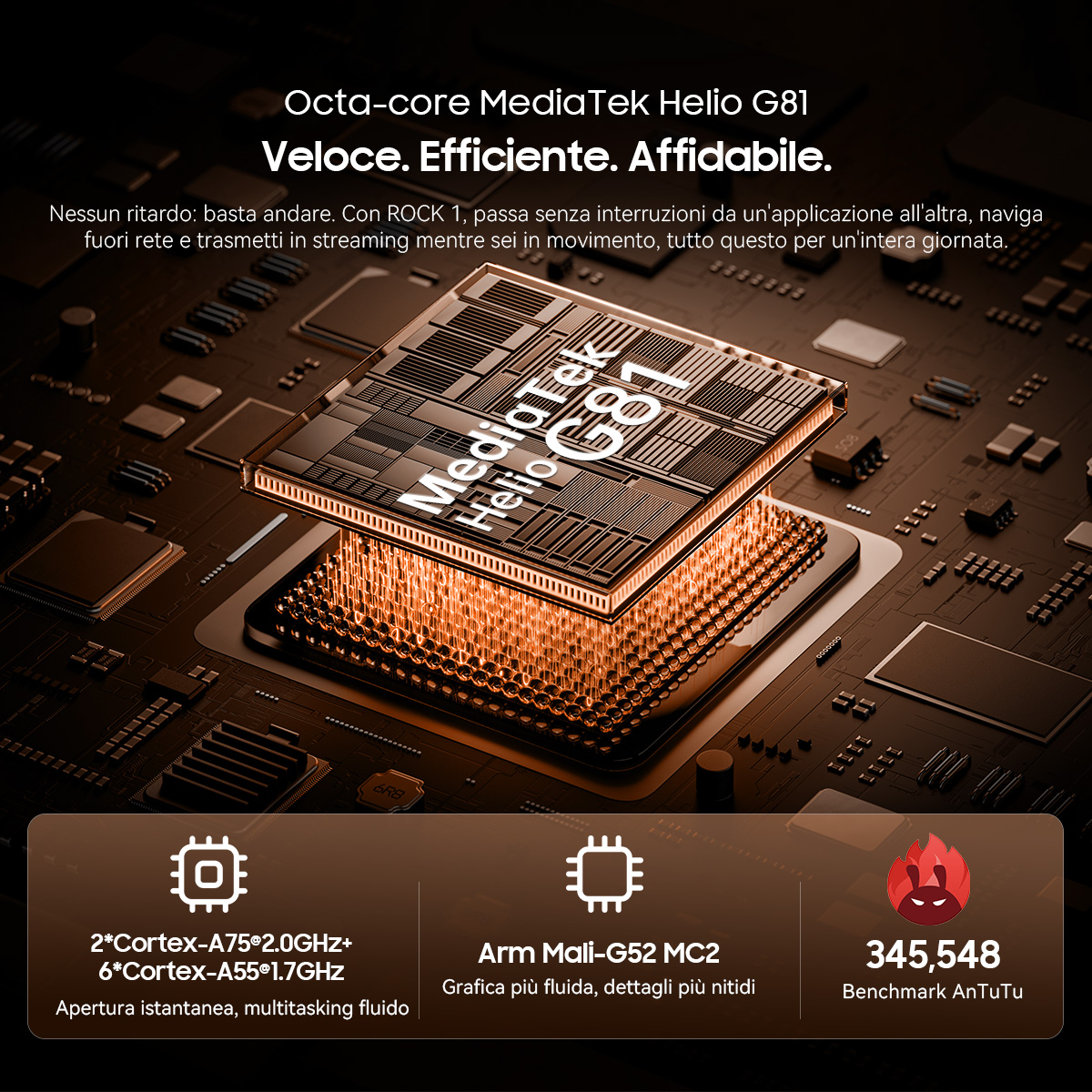 Primo piano di un processore con testo su MediaTek Helio G81, prestazioni e benchmark.