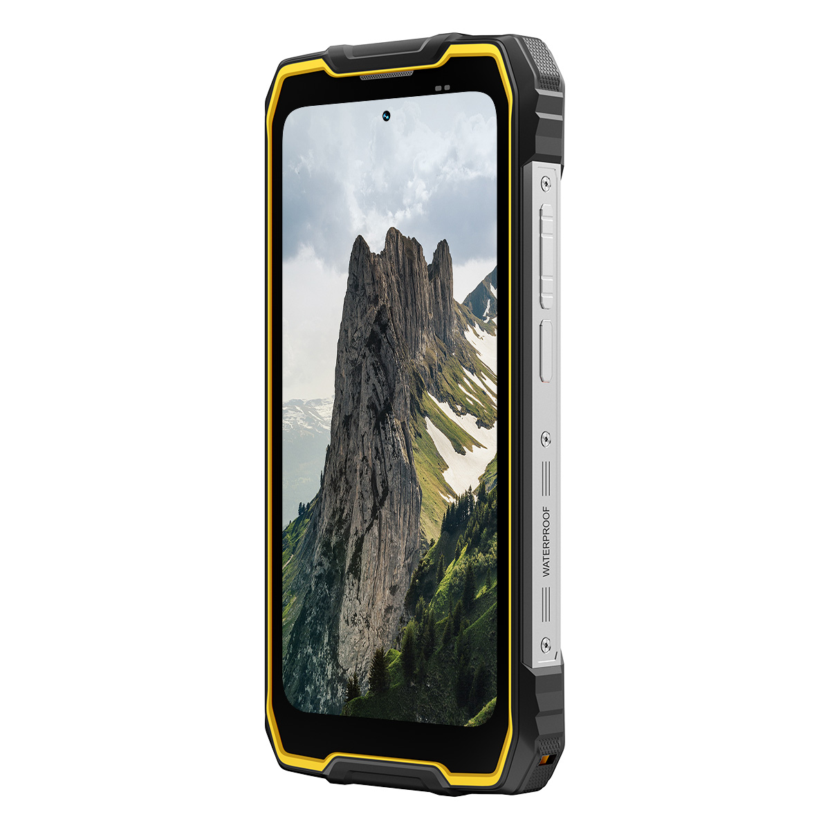 Smartphone robusto con cornice gialla, mostra un paesaggio montano.