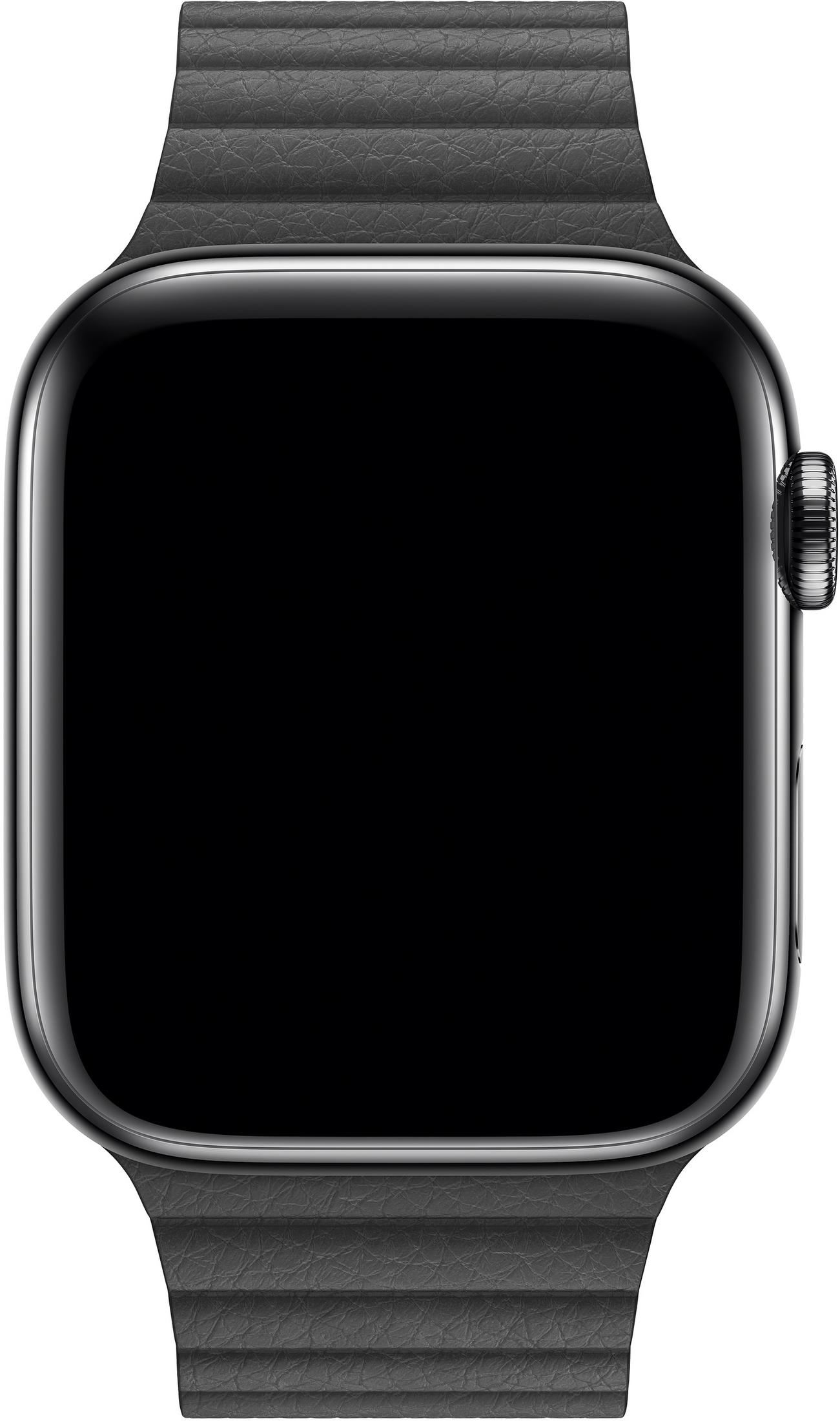 Eine graue, gerippte Apple Watch mit schwarzem Bildschirm und silbernem Gehäuse.