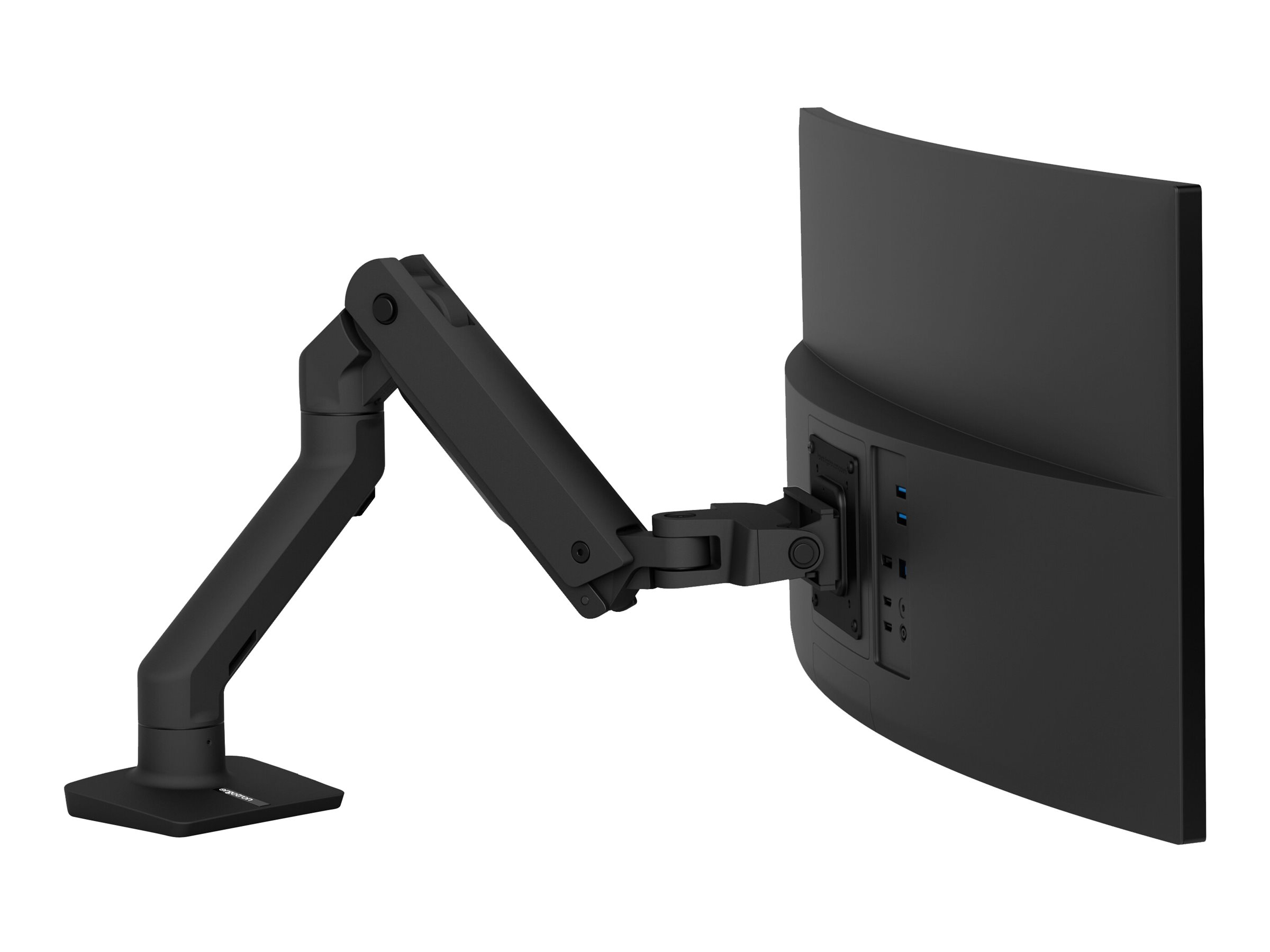 Un braccio per monitor nero con schermo curvo su sfondo bianco.