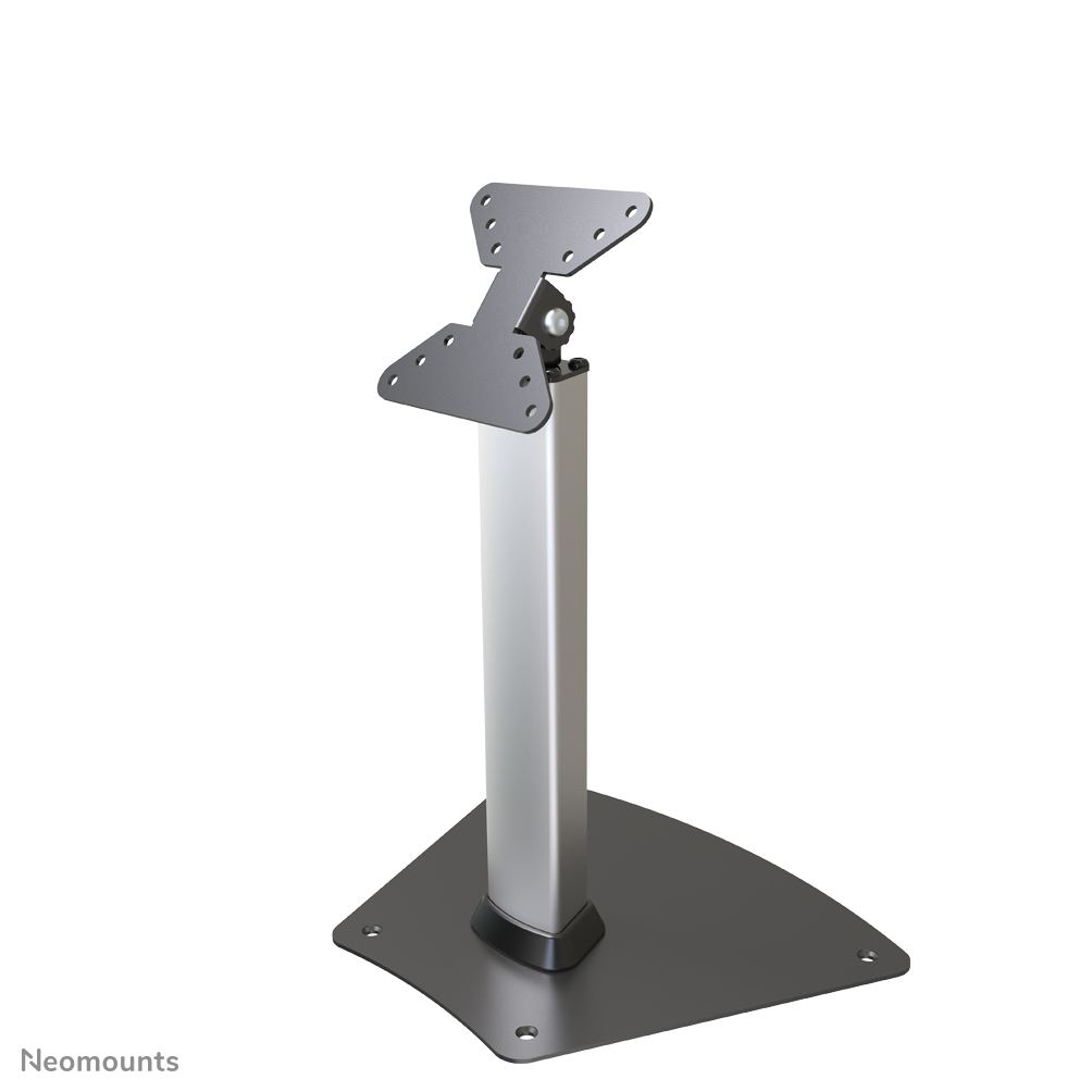 Een zilveren standaard met een zwarte voet en een verstelbare houder.