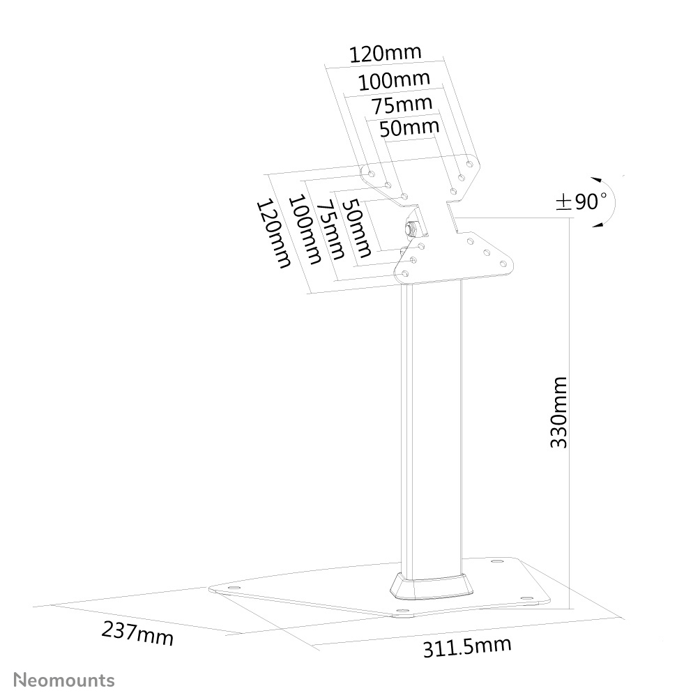 Diagram van een monitorstandaard met afmetingen. Basis 311,5 mm breed, hoogte 330 mm.