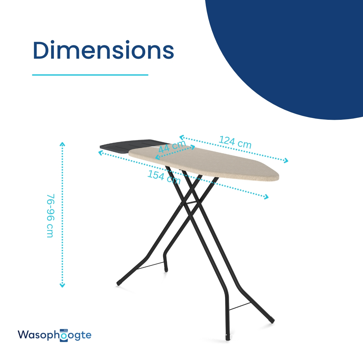 Eine Bügelbrett-Konstruktion mit Maßen von 76-96 cm Höhe und 124 cm Länge.