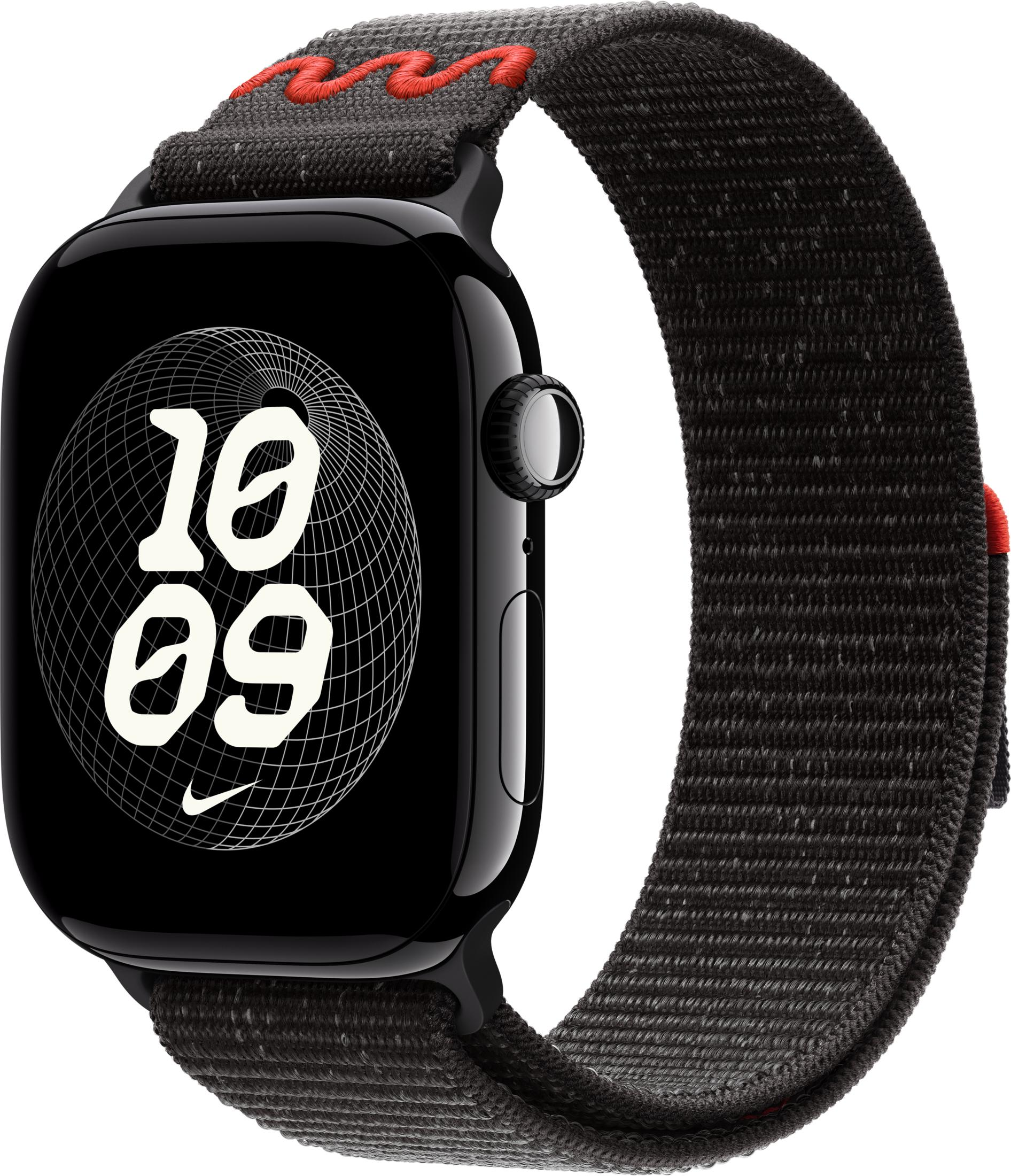 Montre connectée noire avec bracelet en tissu et affichage numérique 10:09.