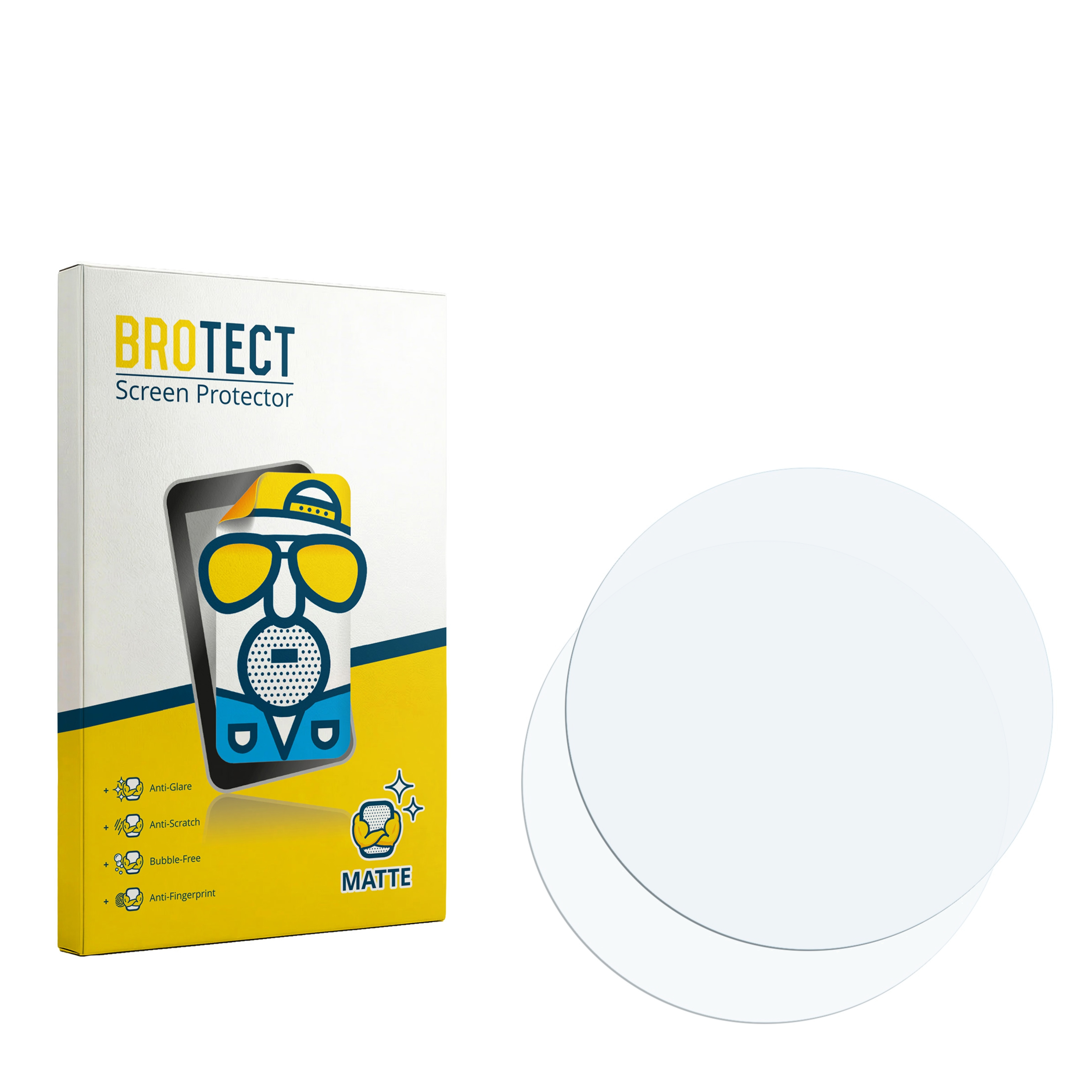 BROTECT Displayschutz-Verpackung mit Merkmalen und zwei runden Displayschutzfolien.