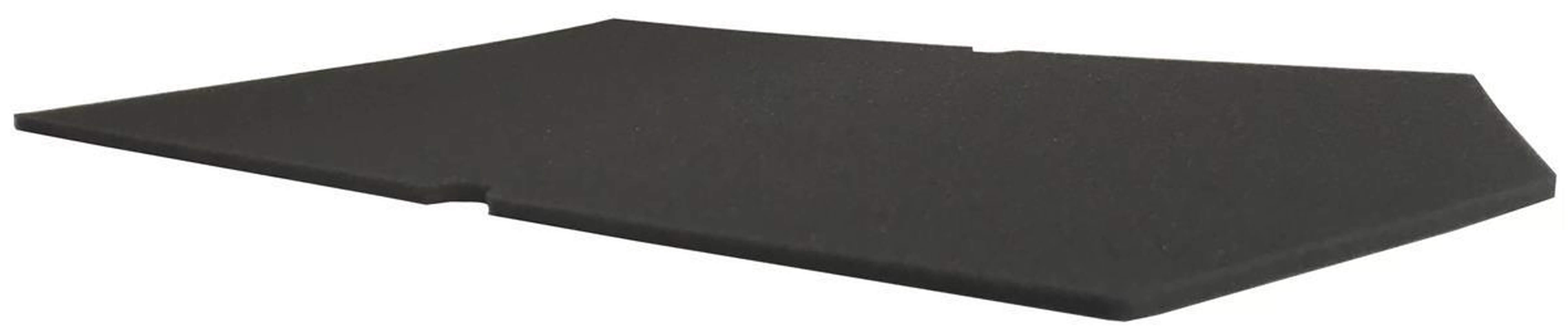 Schwarzes, flaches Schaumstoffteil mit unregelmäßiger, abgeflachter Form und zwei Kerben.