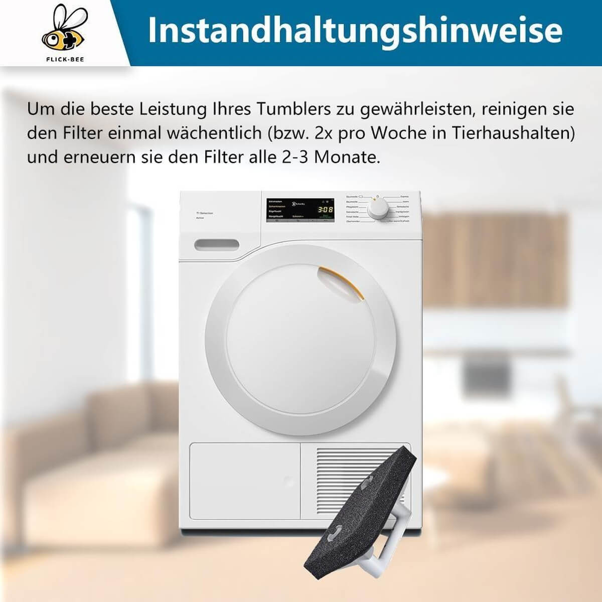 Ein weißer Wäschetrockner mit einem schwarzen Filter davor. Oberhalb des Trockners steht "Instandhaltungshinweise".