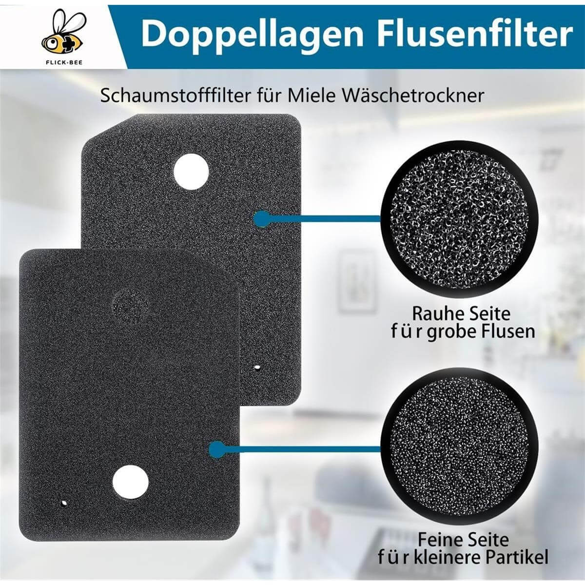 Zwei schwarze Schaumstofffilter für Miele Wäschetrockner, mit Nahaufnahmen der rauen und feinen Seiten.