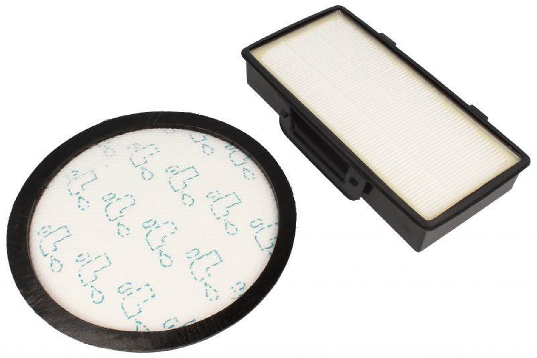 Okrągły i prostokątny filtr, oba białe z czarnymi ramkami.