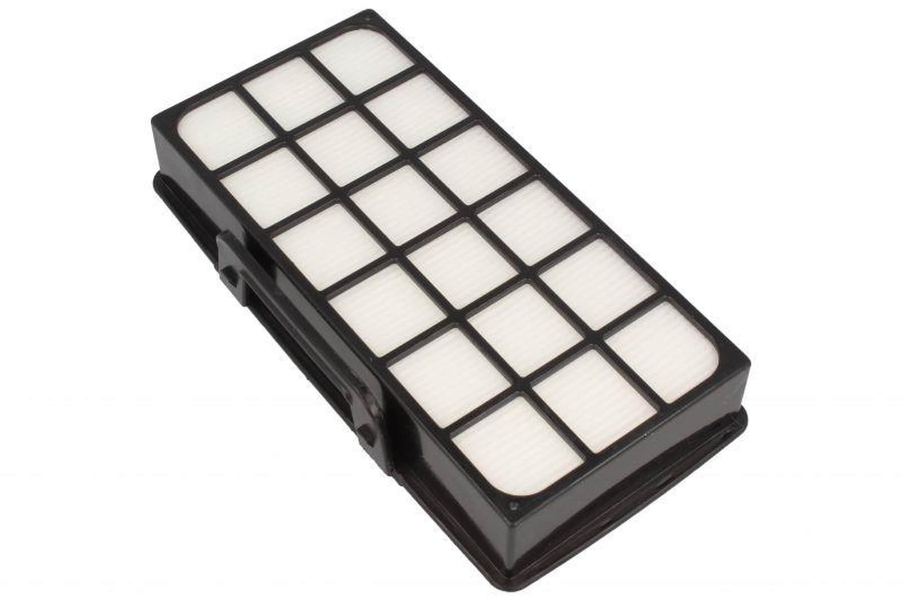 Prostokątny czarny filtr odkurzacza z białymi fałdami.