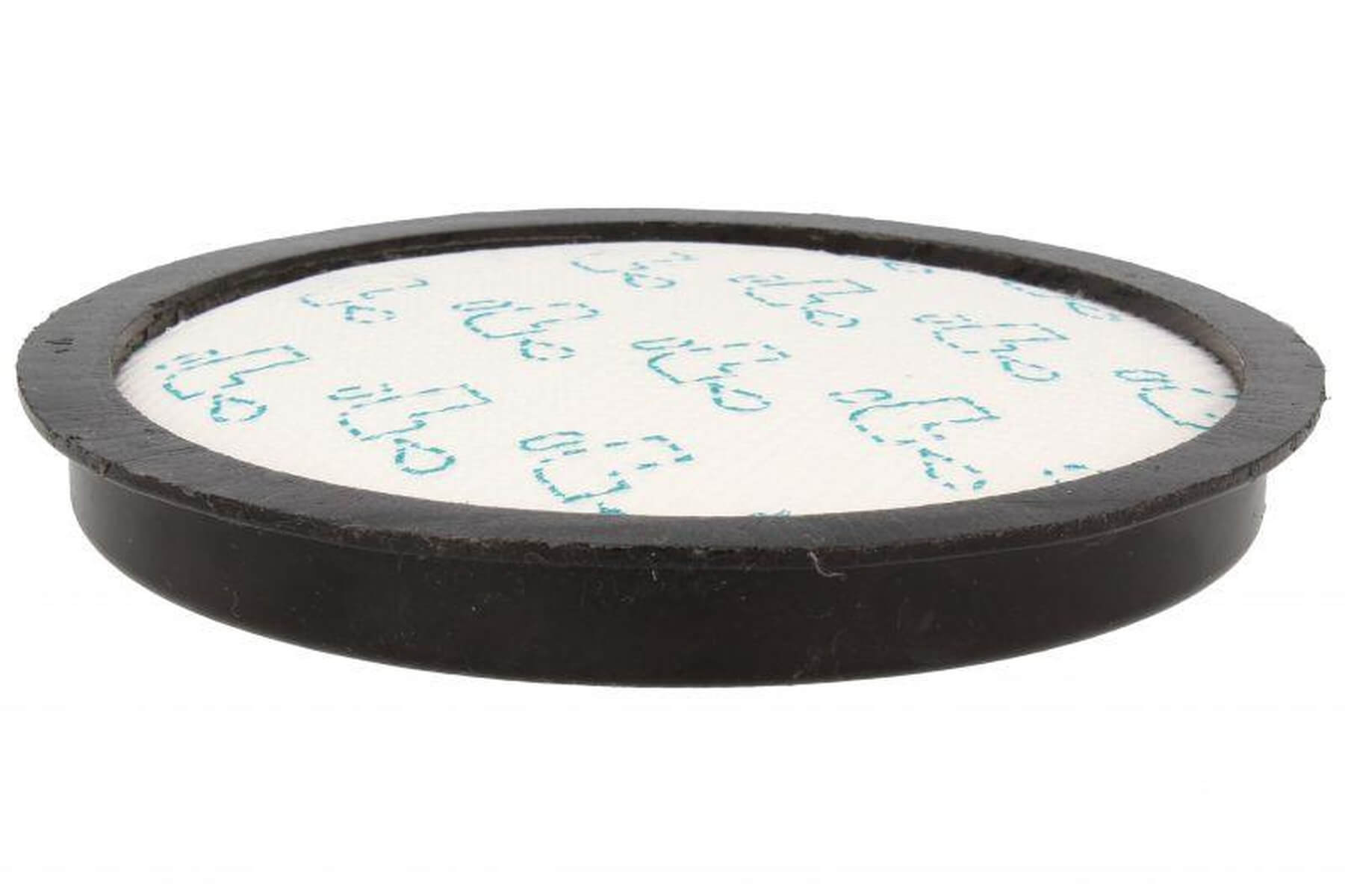 Okrągły, czarny filtr z białym, wzorzystym wkładem.