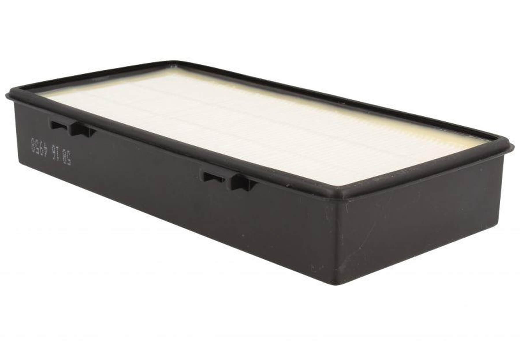 Prostokątny czarny filtr powietrza z białym elementem filtrującym.