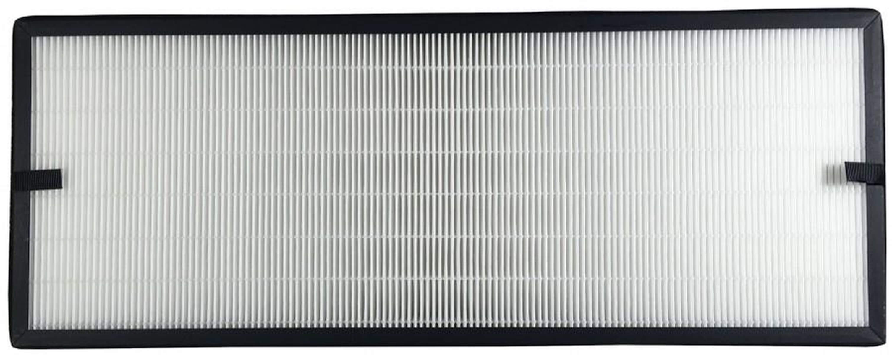 Ein rechteckiger HEPA-Filter mit schwarzem Rahmen und weißen Falten.