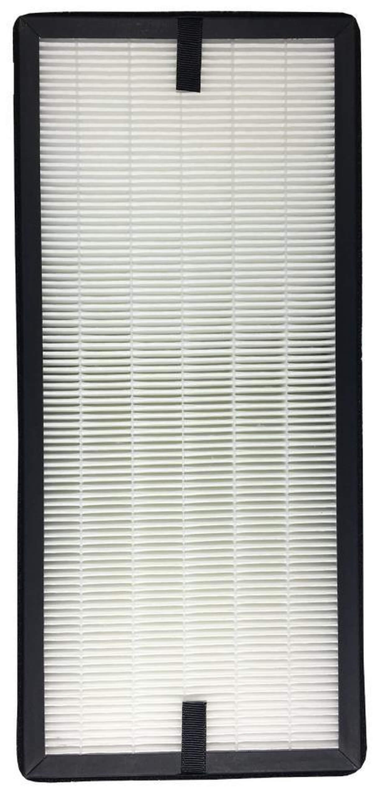 Ein rechteckiger Luftfilter mit schwarzem Rahmen und weißem, gefaltetem Filtermedium.