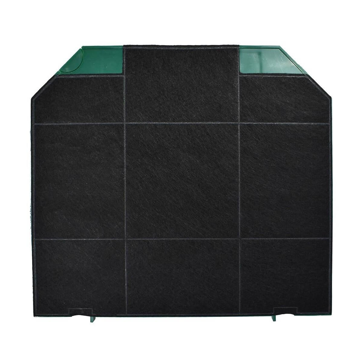 Un filtre à charbon noir avec des coins verts, divisé par des lignes grises.
