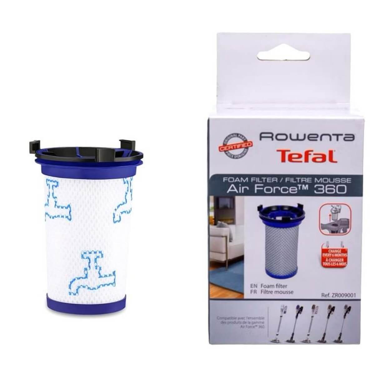 Un filtro de espuma Rowenta Tefal Air Force 360 con parte superior azul y malla blanca.
