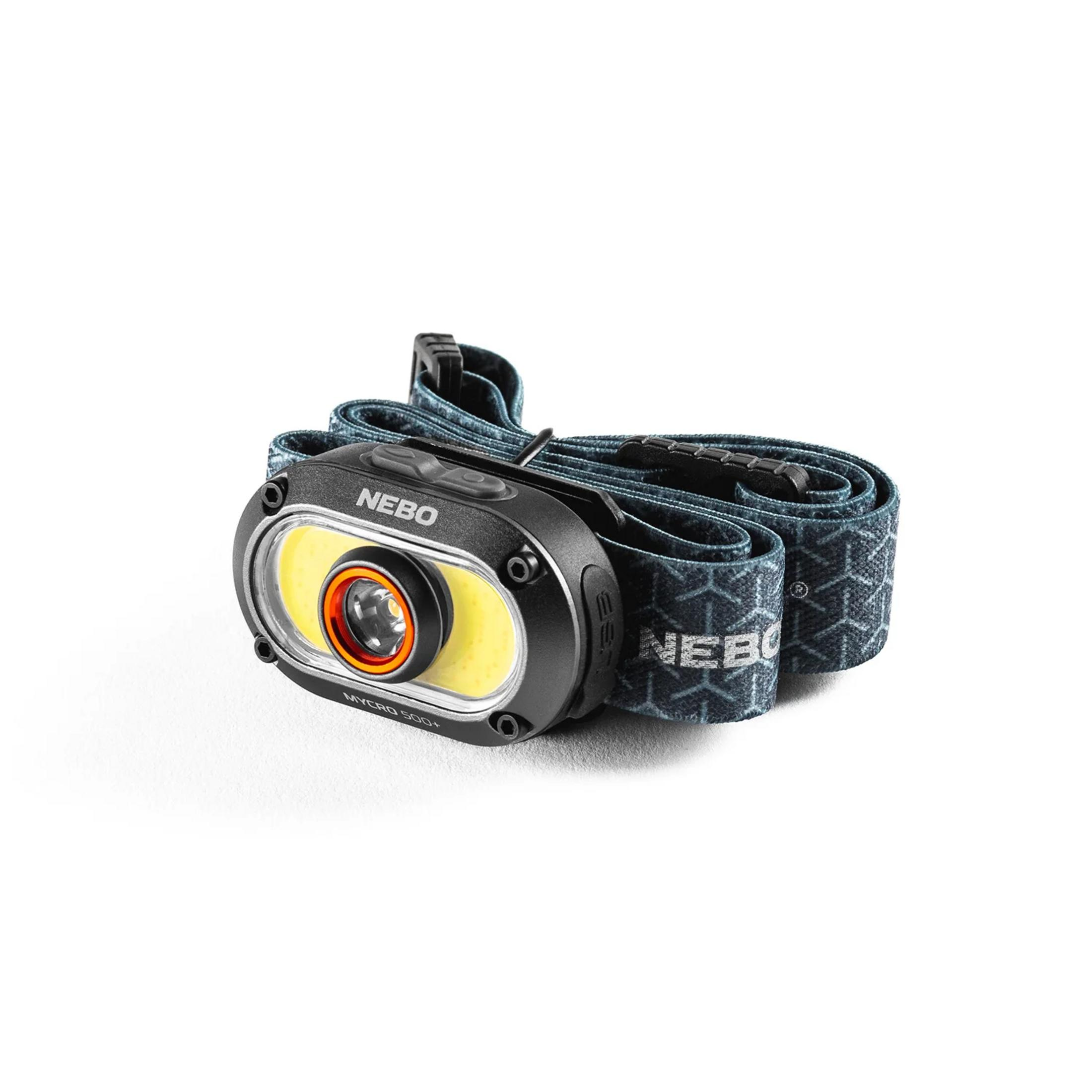 Schwarzer Nebo Stirnlampe mit blauem Band, auf weißem Hintergrund.