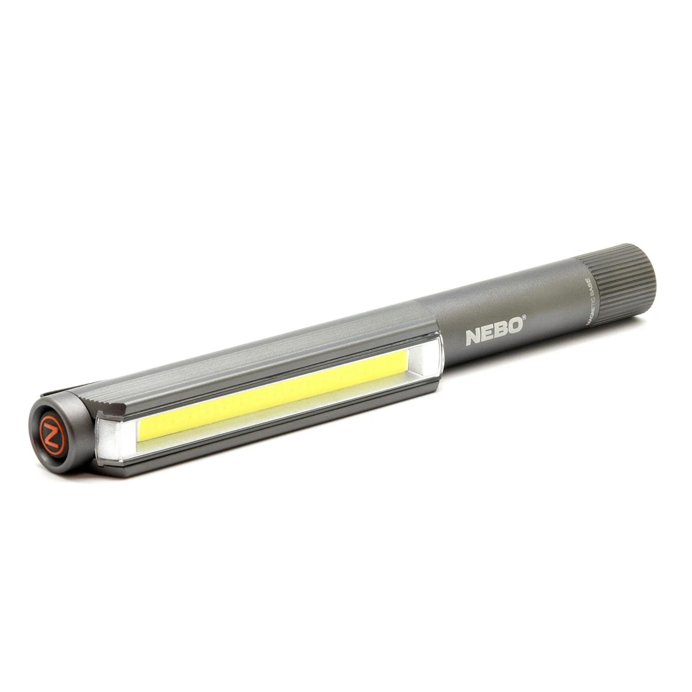 Un'asta luminosa da lavoro NEBO grigia con striscia LED luminosa e base magnetica.