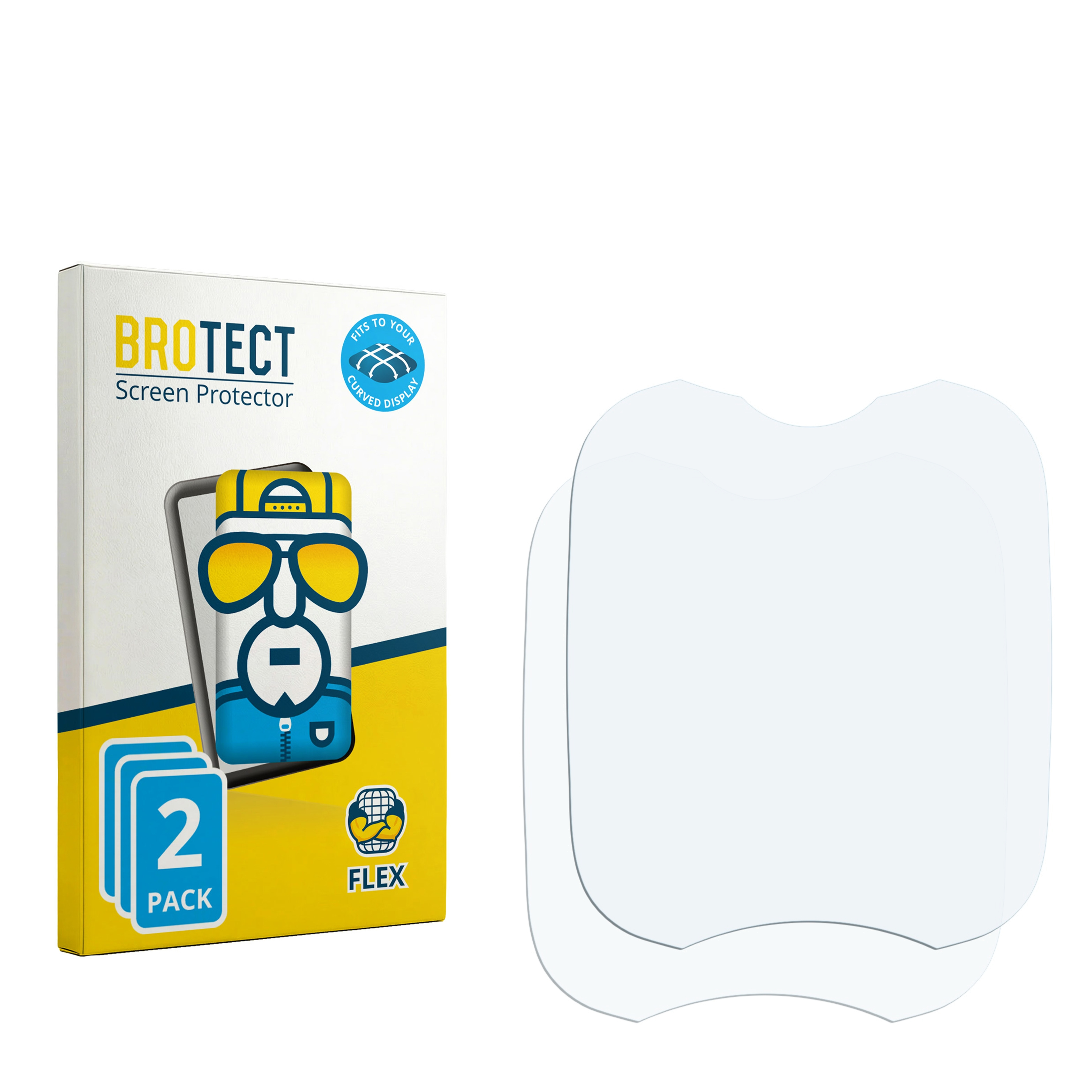Verpackung für Displayschutzfolie mit 2 Stück und zwei transparente Folien daneben.