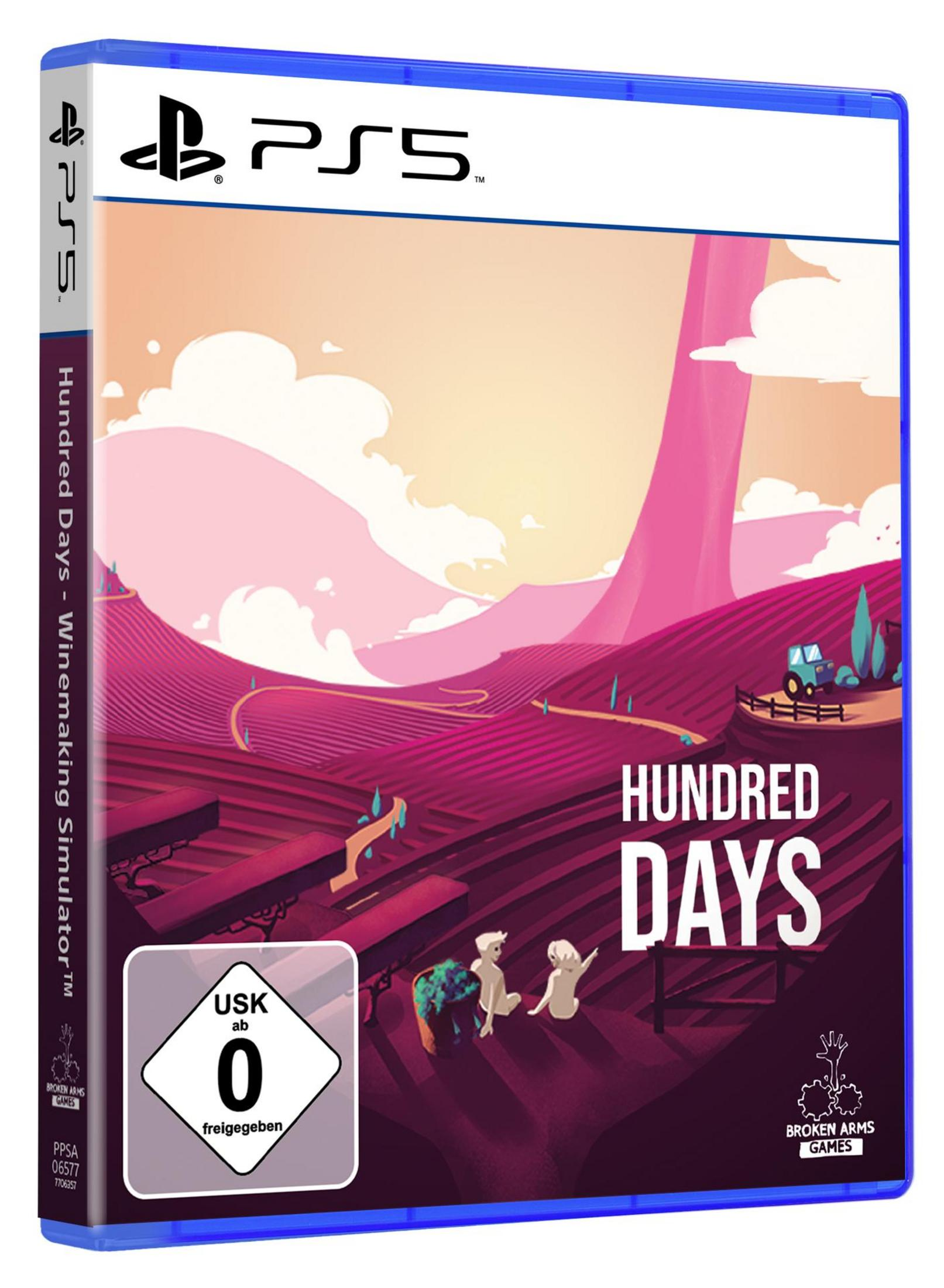 PS5-Spielhülle mit lila Weinbergen, Figuren und dem Titel "Hundred Days".