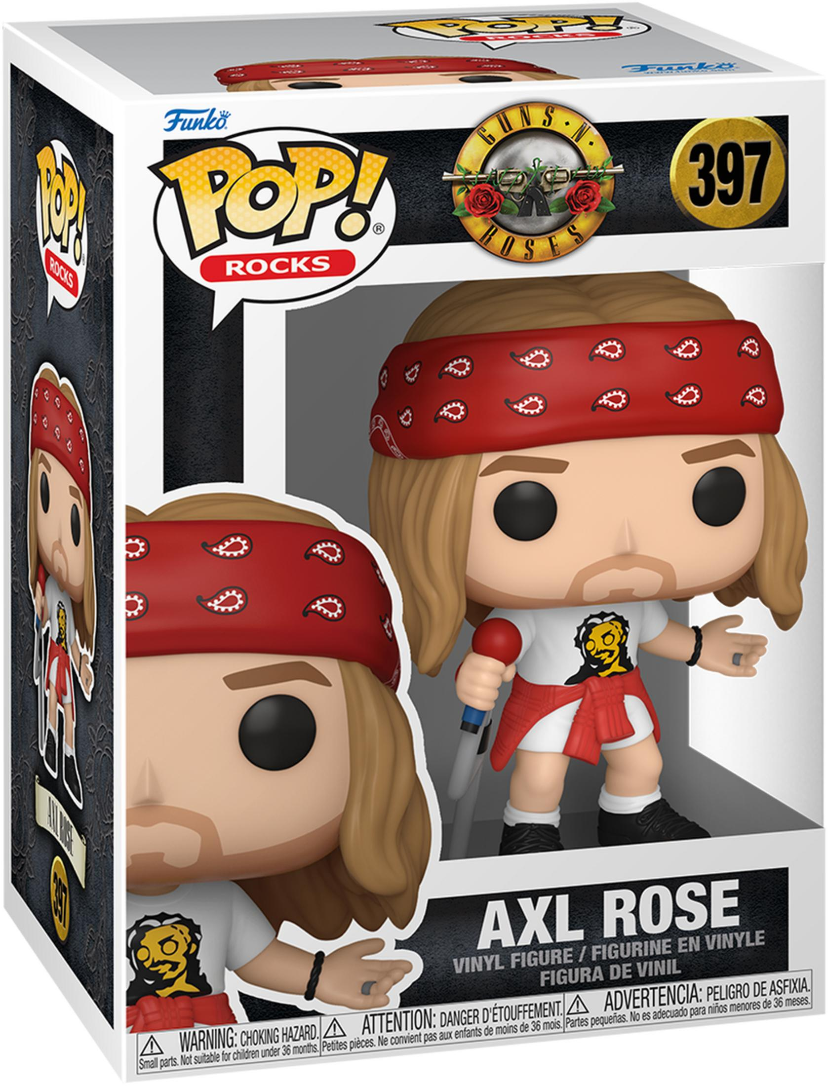 Funko Pop! Figur von Axl Rose mit rotem Bandana, weißem T-Shirt und Mikrofon.