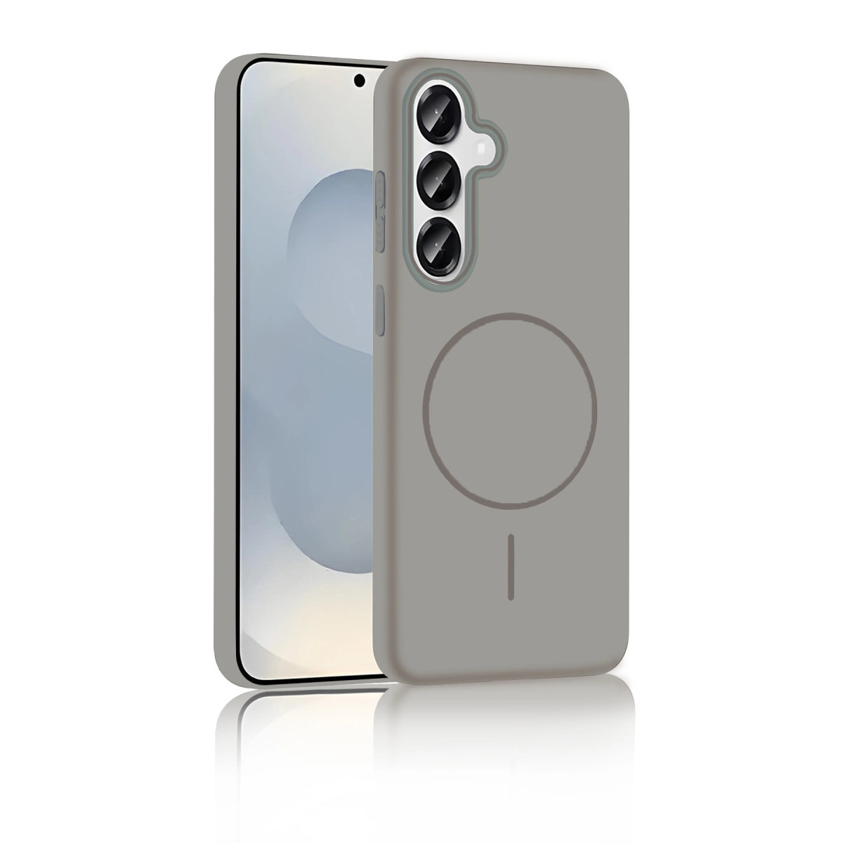 Üç kameralı ve manyetik halkalı gri telefon kılıfı.