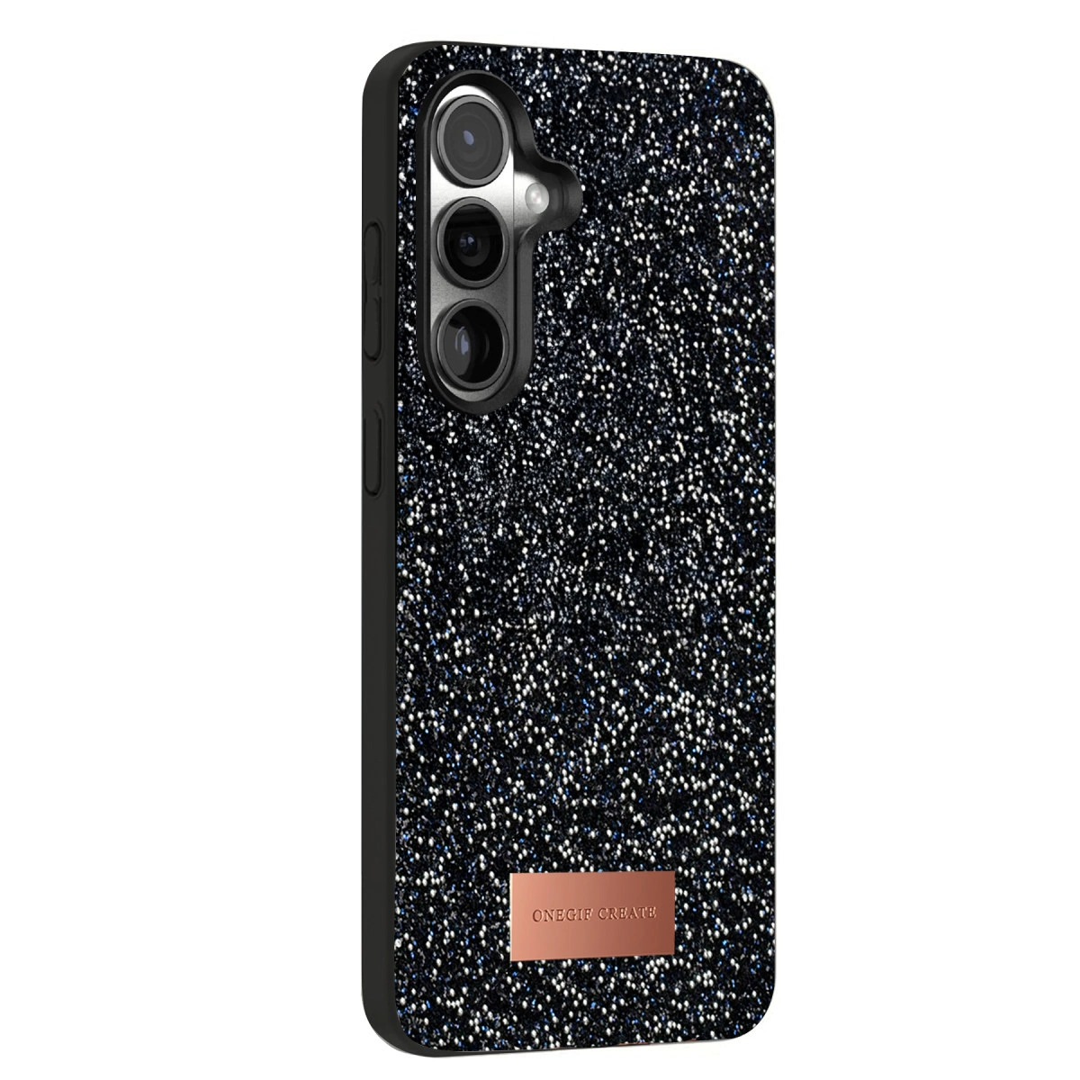 Simli ve kamera kesimli siyah telefon kılıfı.