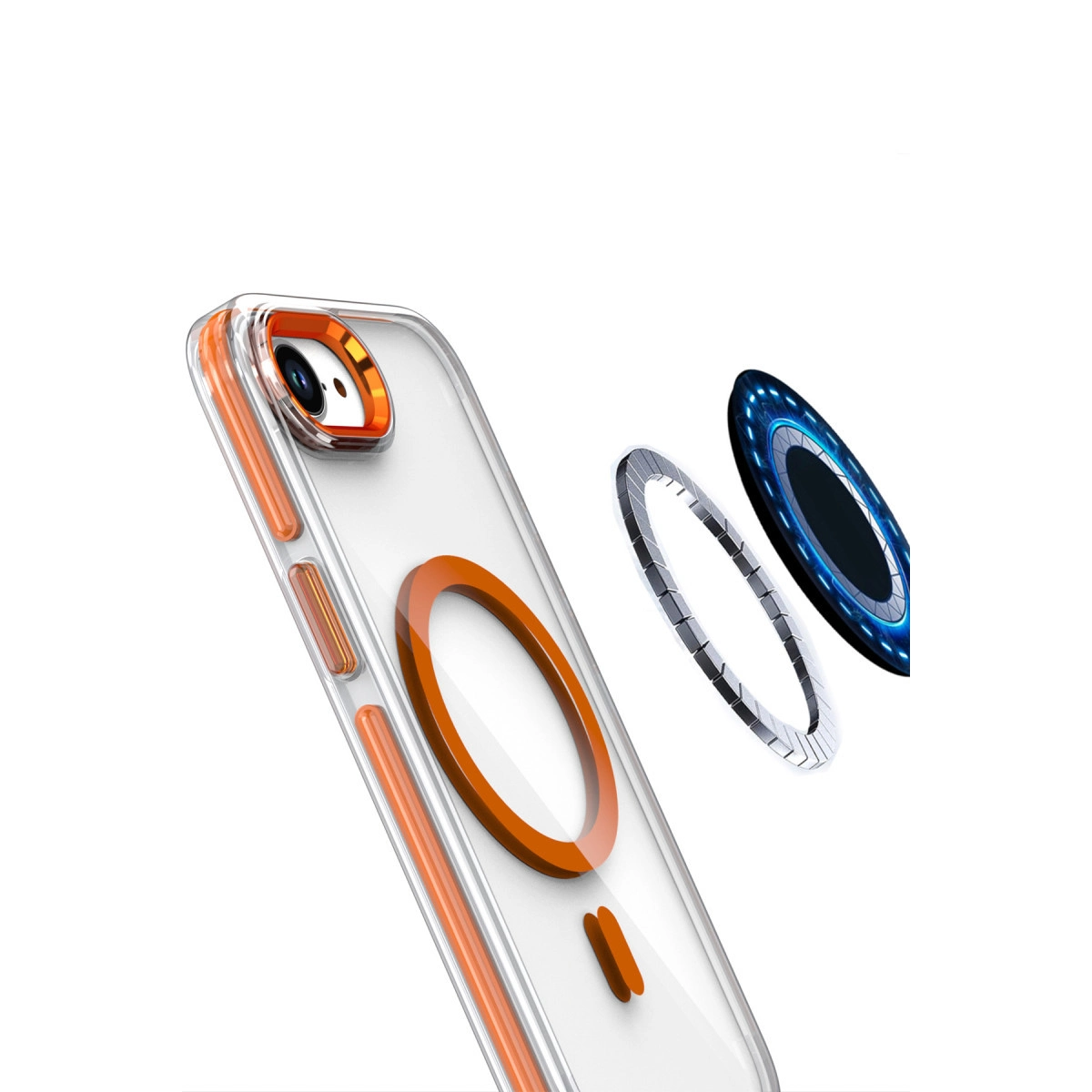 Turuncu kenarlı şeffaf telefon kılıfı, manyetik halka aparatını gösteriyor.