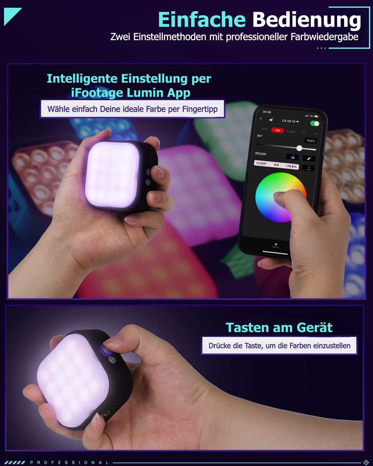 Eine Hand hält eine kleine Leuchte; eine andere Hand bedient eine App auf einem Smartphone.