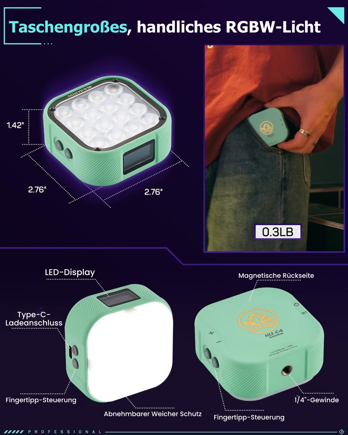 Kompaktes, handliches RGBW-Licht mit LED-Display und Maßen.