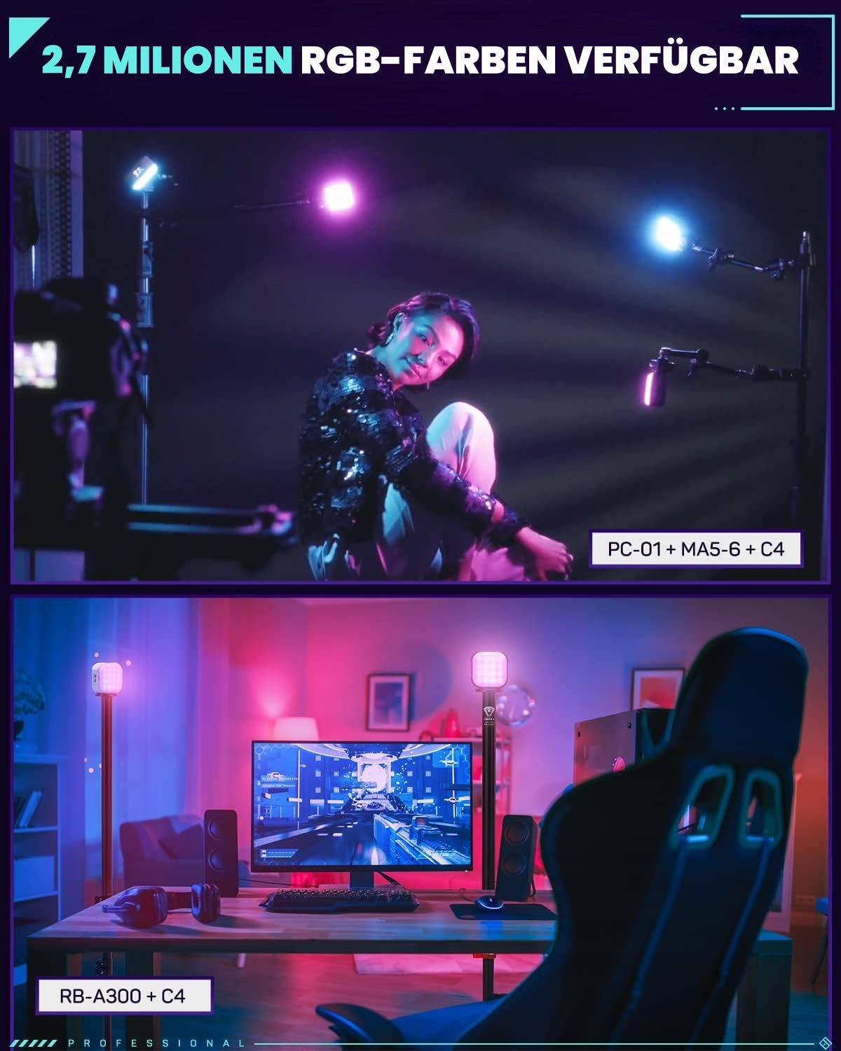 Eine Frau sitzt im Schein von RGB-Lichtern. Daneben ein Gaming-Setup.