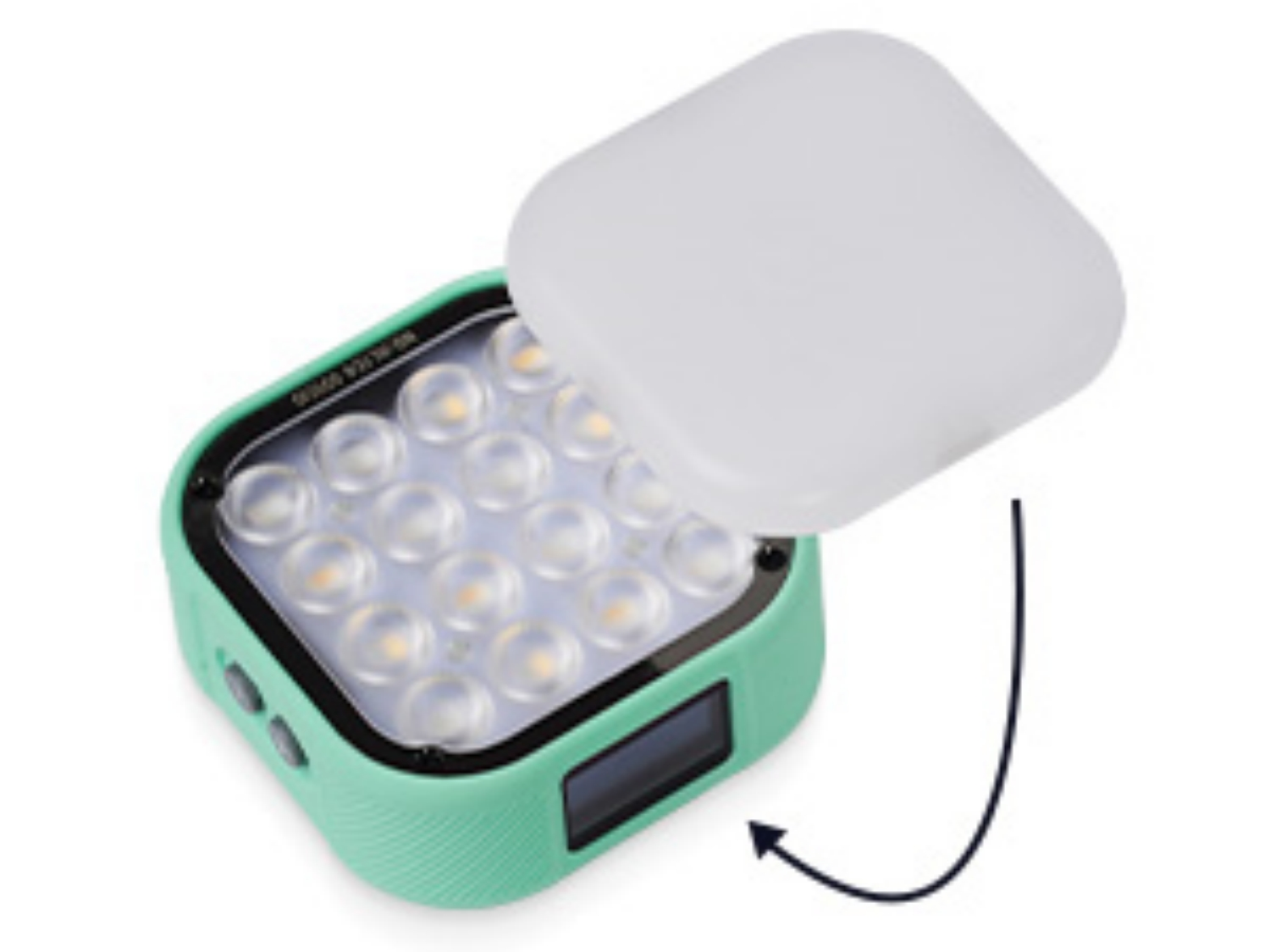 Ein tealfarbenes LED-Licht mit teilweise angebrachtem Diffusor. Es hat viele kleine Lichter.