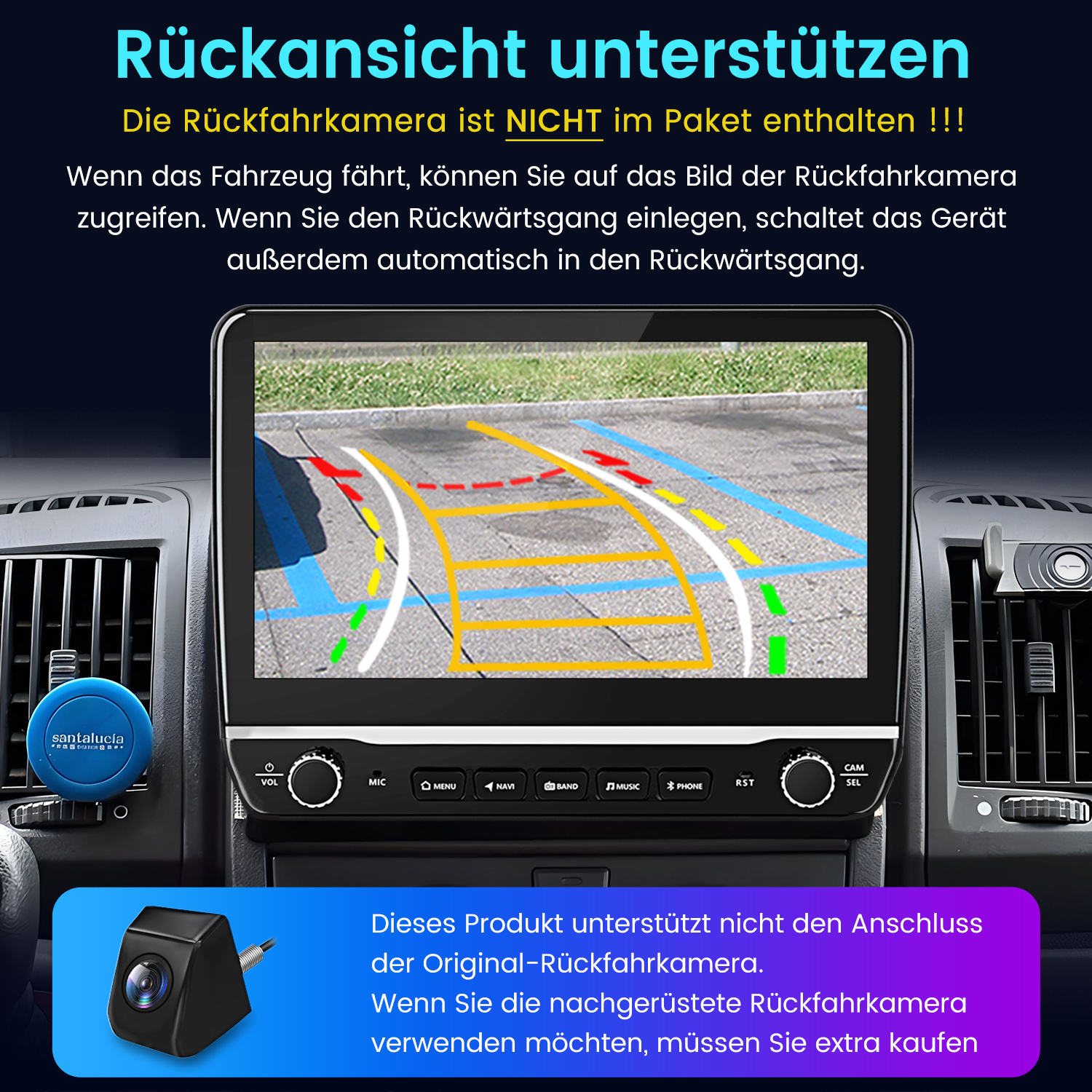 Bildschirm zeigt Rückfahrkamera-Ansicht mit Parklinien und Warnfarben.