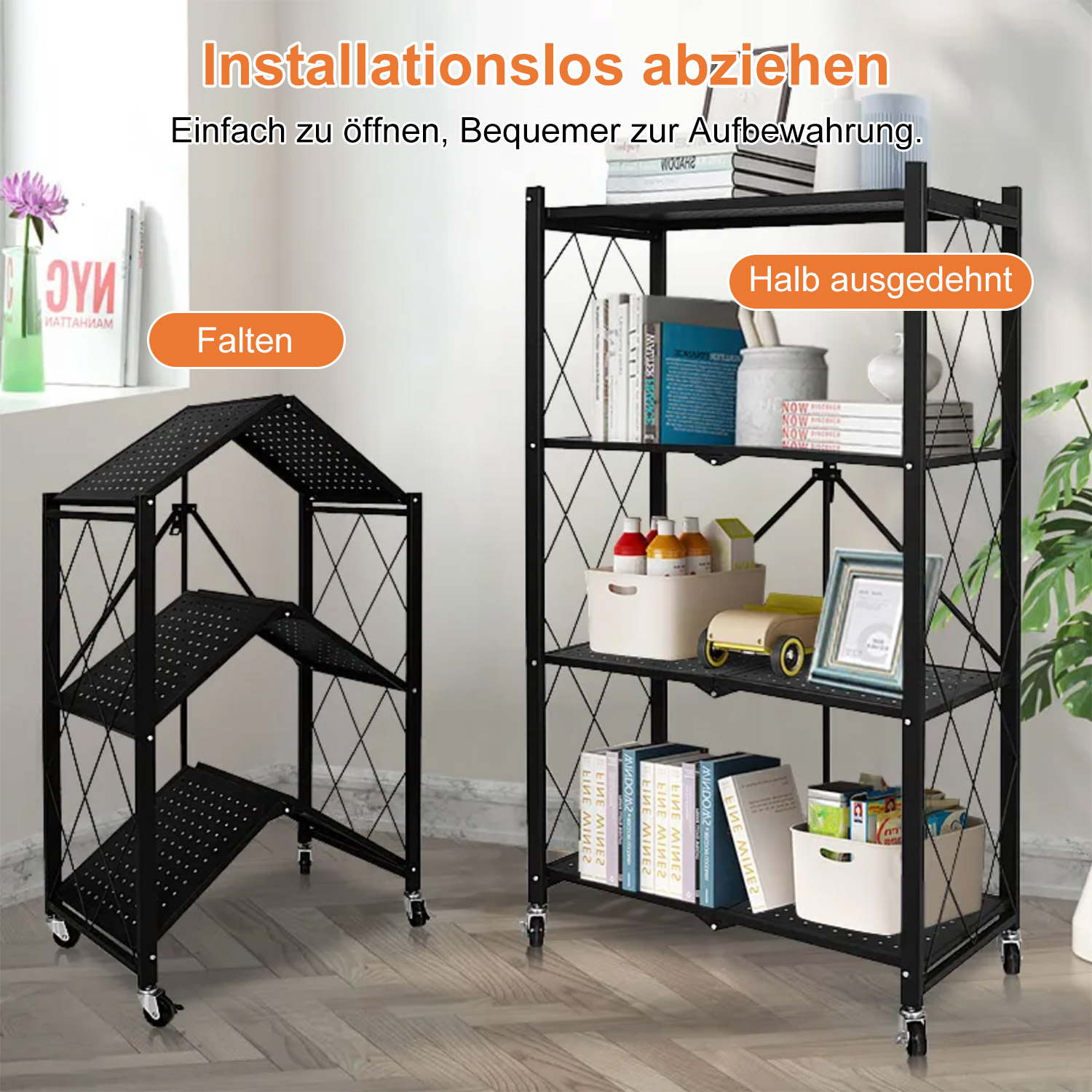Zusammenklappbares Regal, gefaltet und ausgeklappt, mit Büchern und Deko.