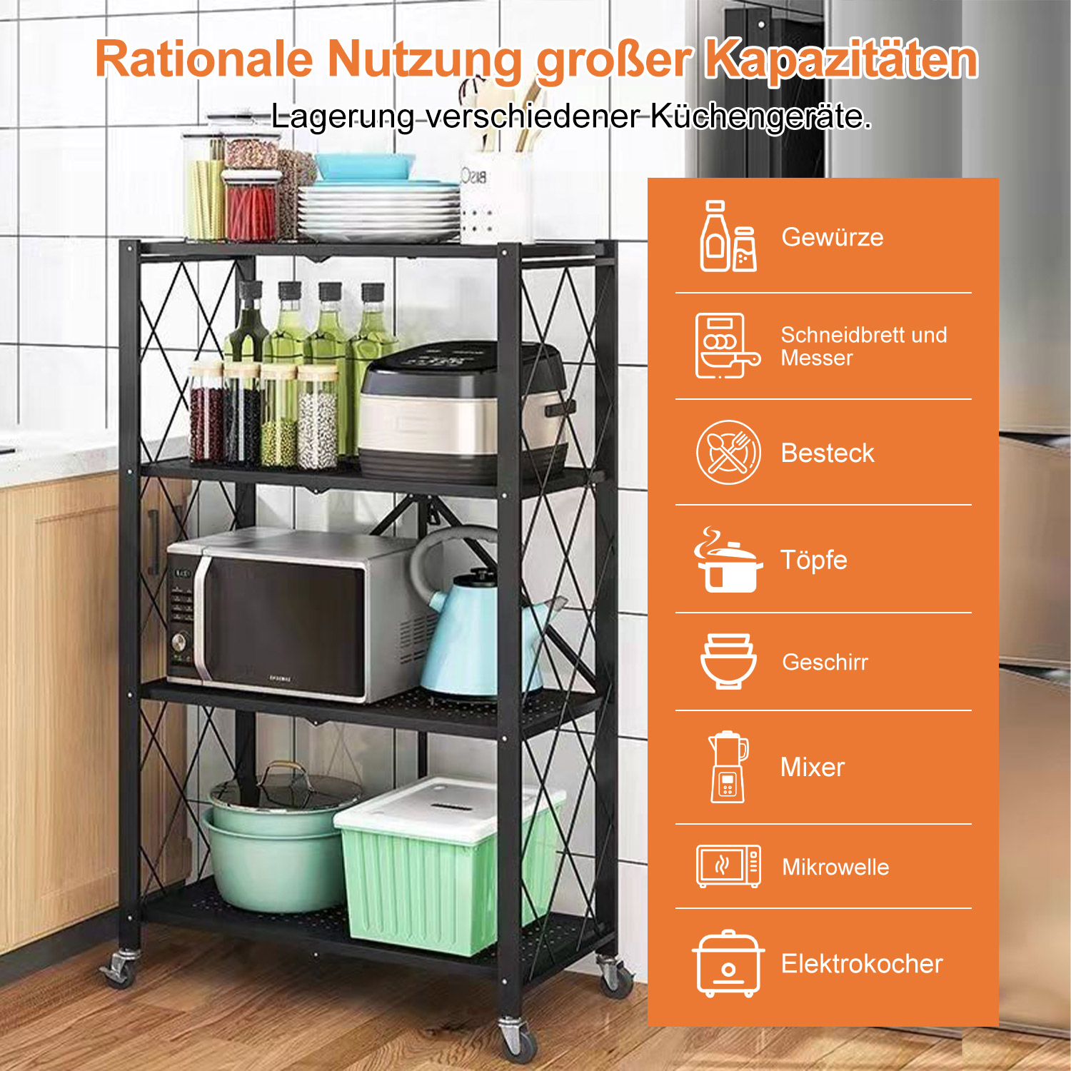 Ein schwarzes Regal mit Küchengeräten: Mikrowelle, Töpfe, Gewürze, Besteck.