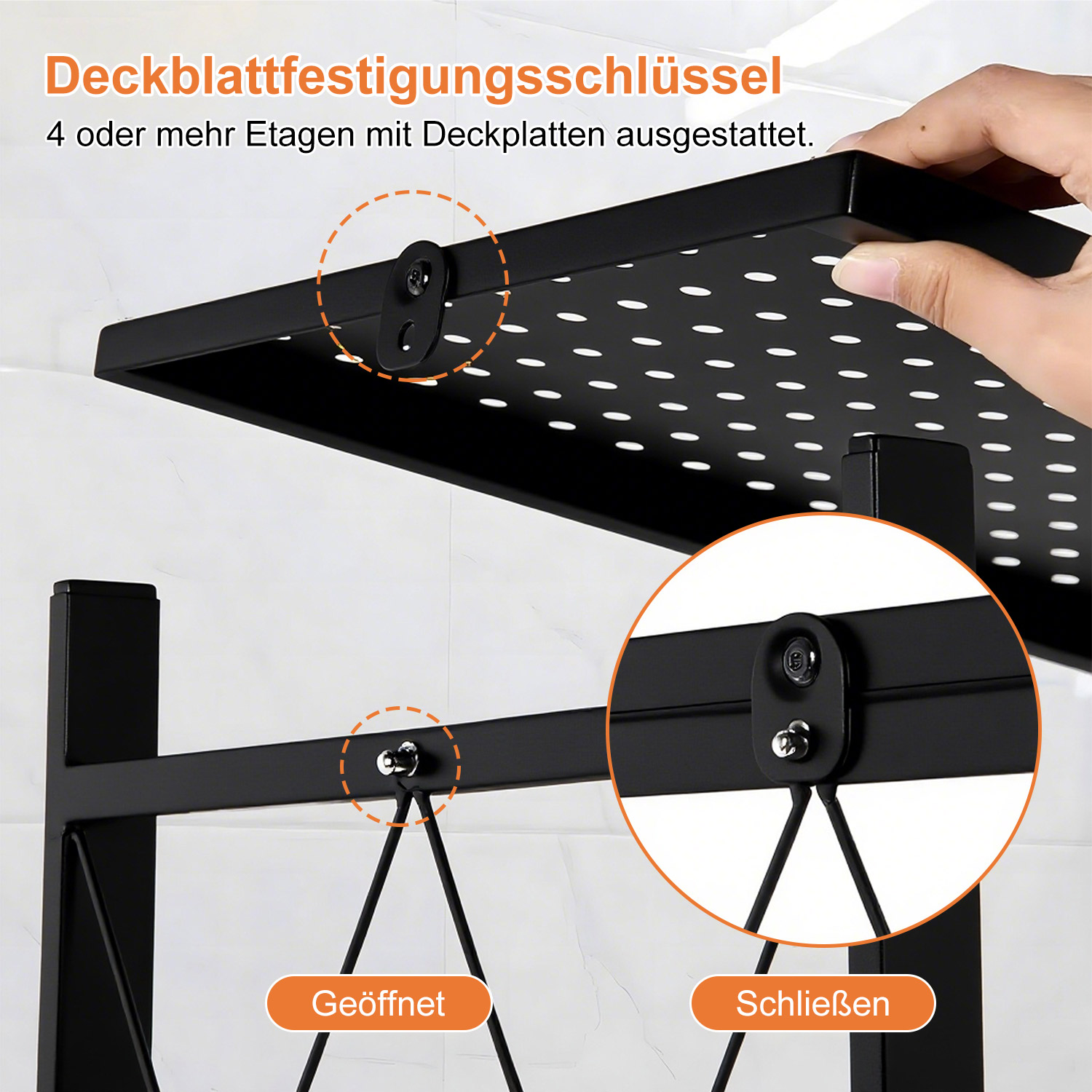 Schwarz, Metallregal mit detaillierter Ansicht von Befestigungsschrauben.