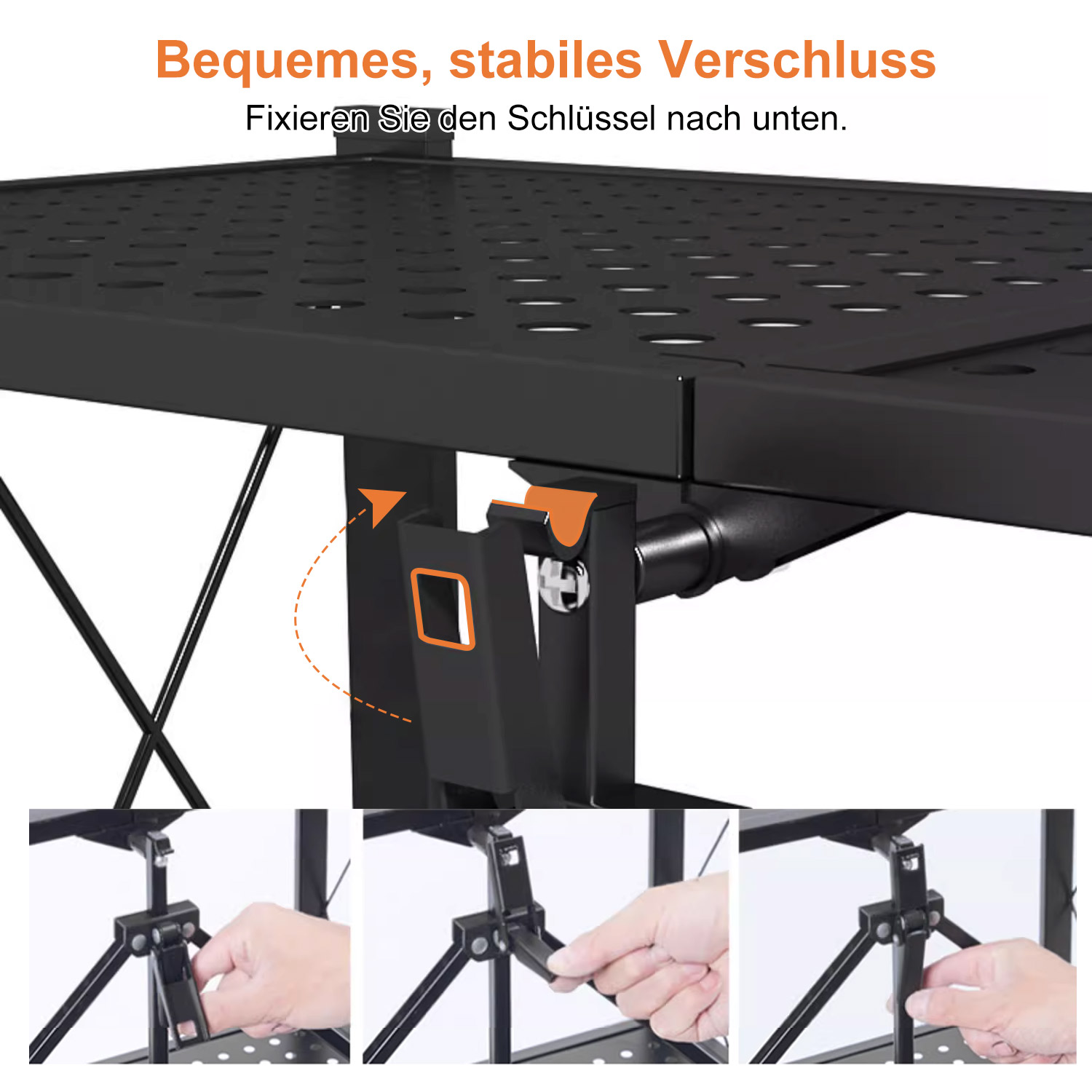 Nahaufnahme des Verriegelungsmechanismus eines schwarzen Klapptisches mit Anleitungsbildern.