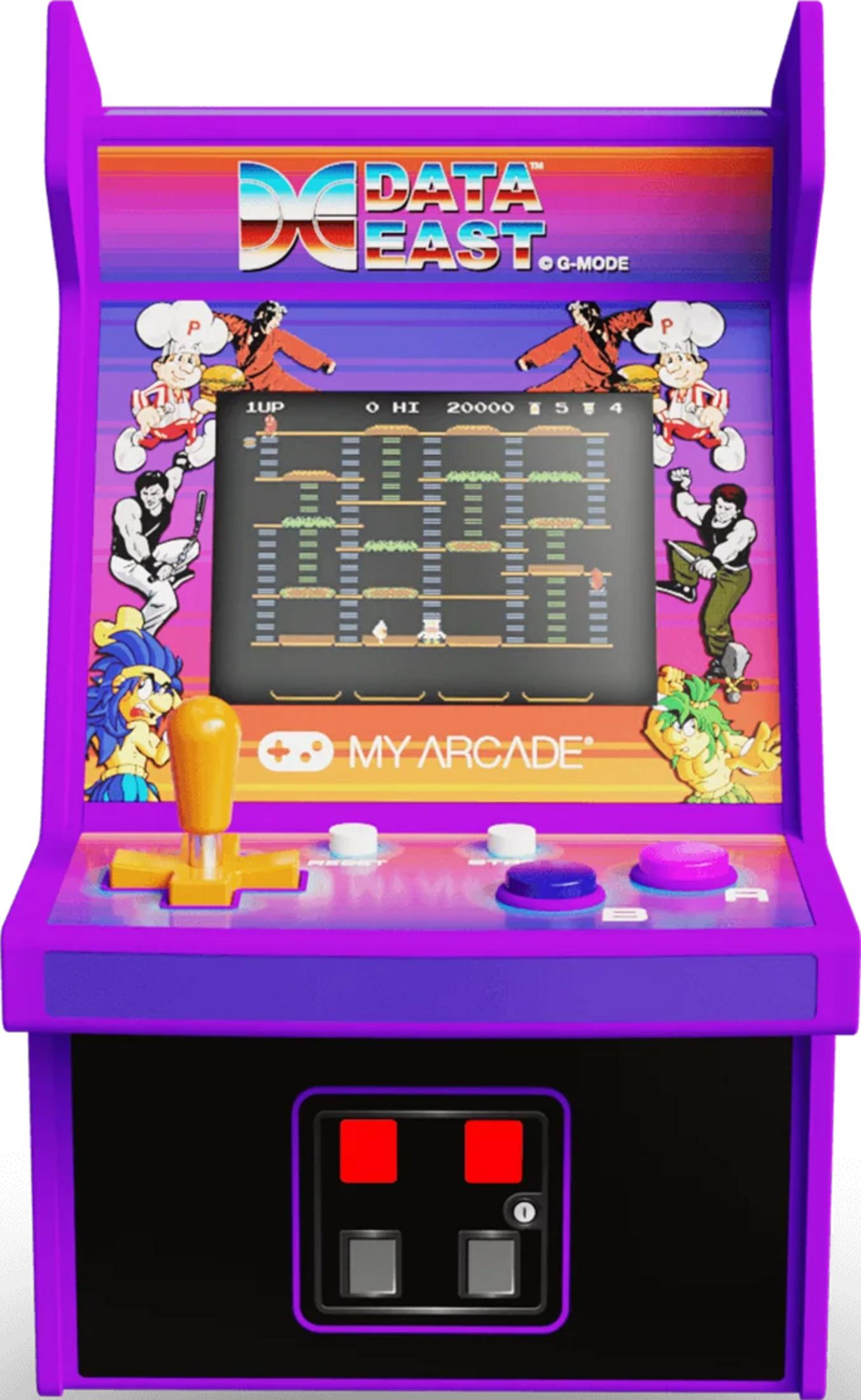 Máquina recreativa morada con joystick, botones y pantalla mostrando un juego retro.